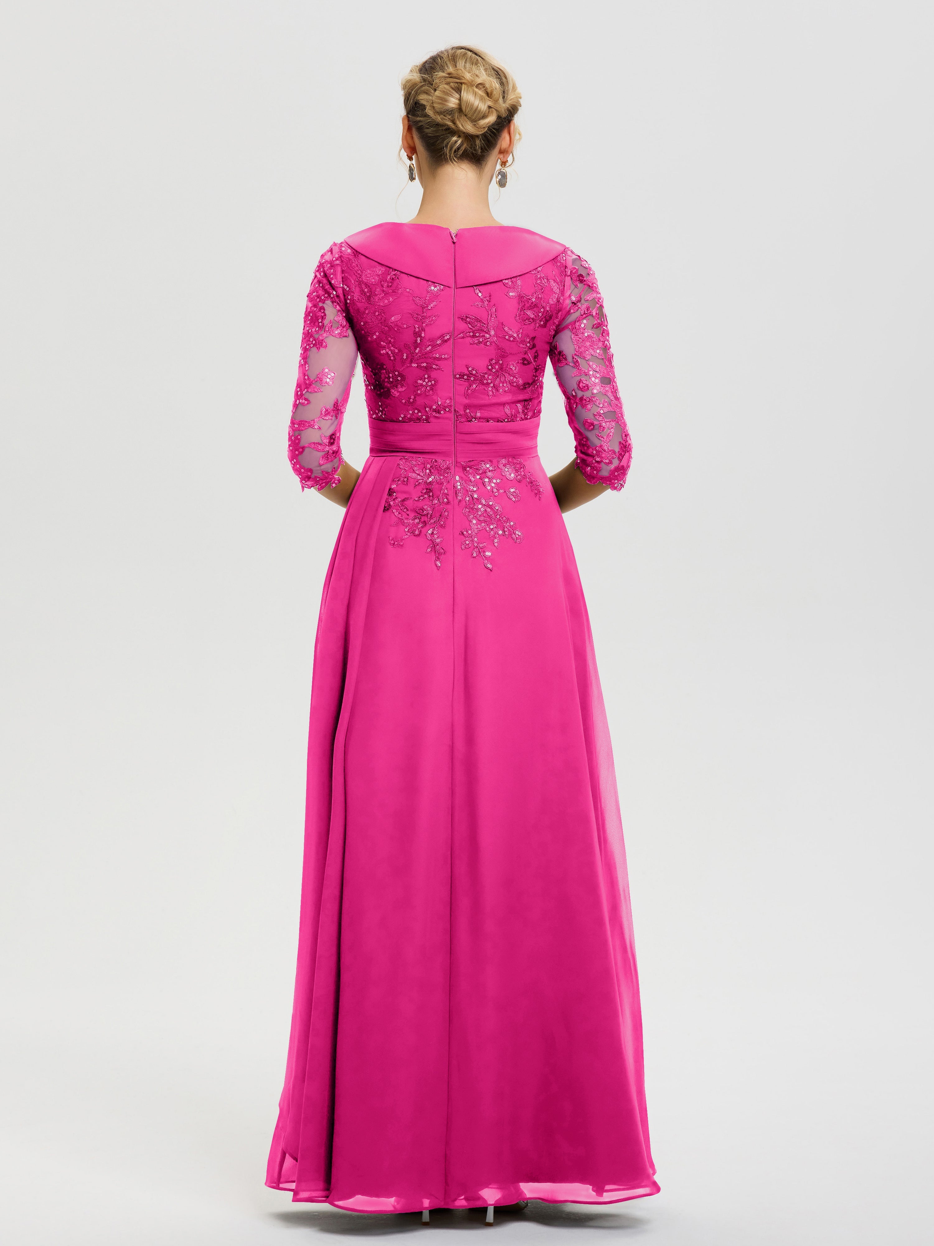 Robe Mère De La Mariée Fuchsia Col V Mousseline&Dentelle Robe Cérémonie Mère De La Mariée