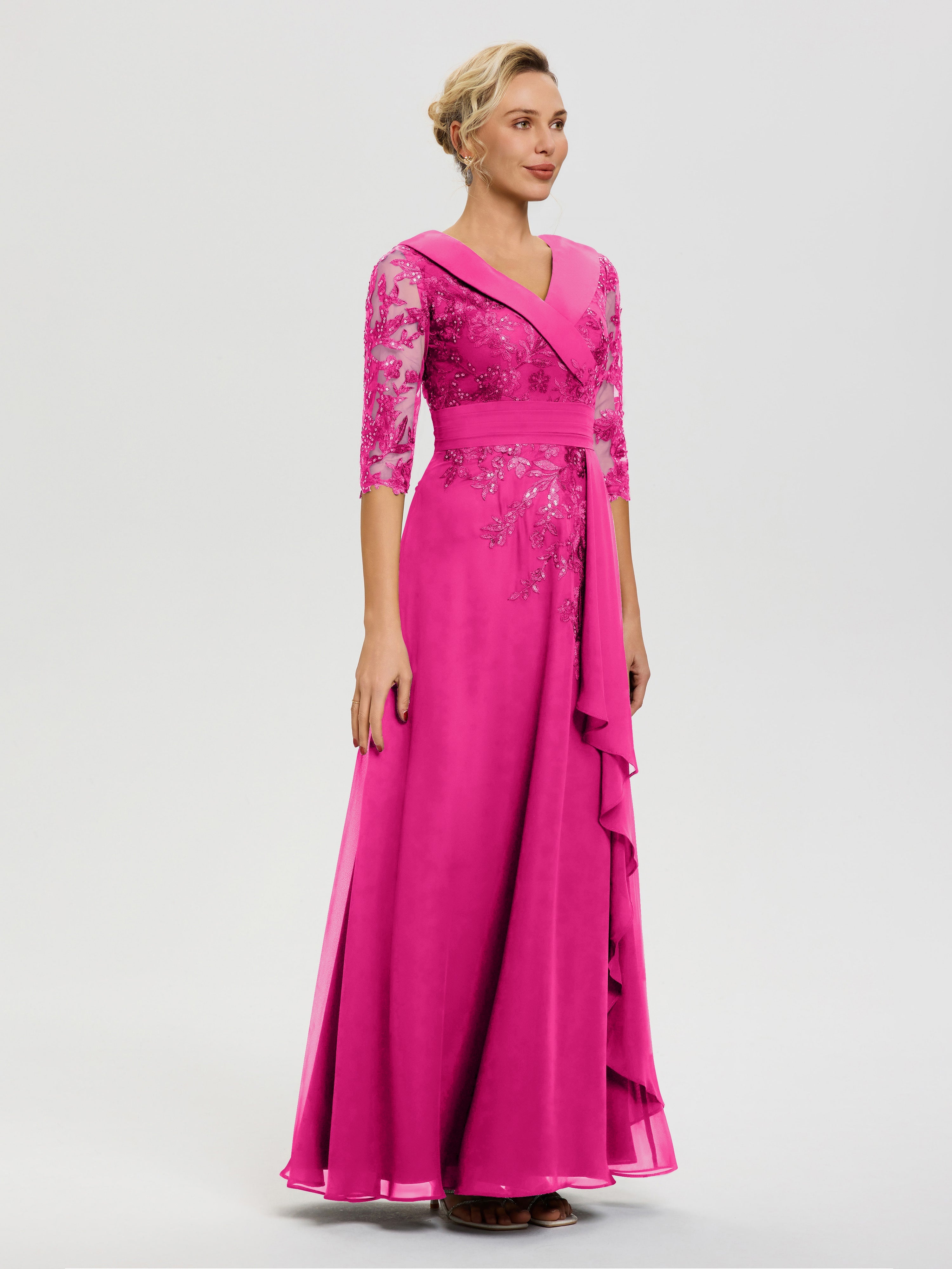 Robe Mère De La Mariée Fuchsia Col V Mousseline&Dentelle Robe Cérémonie Mère De La Mariée