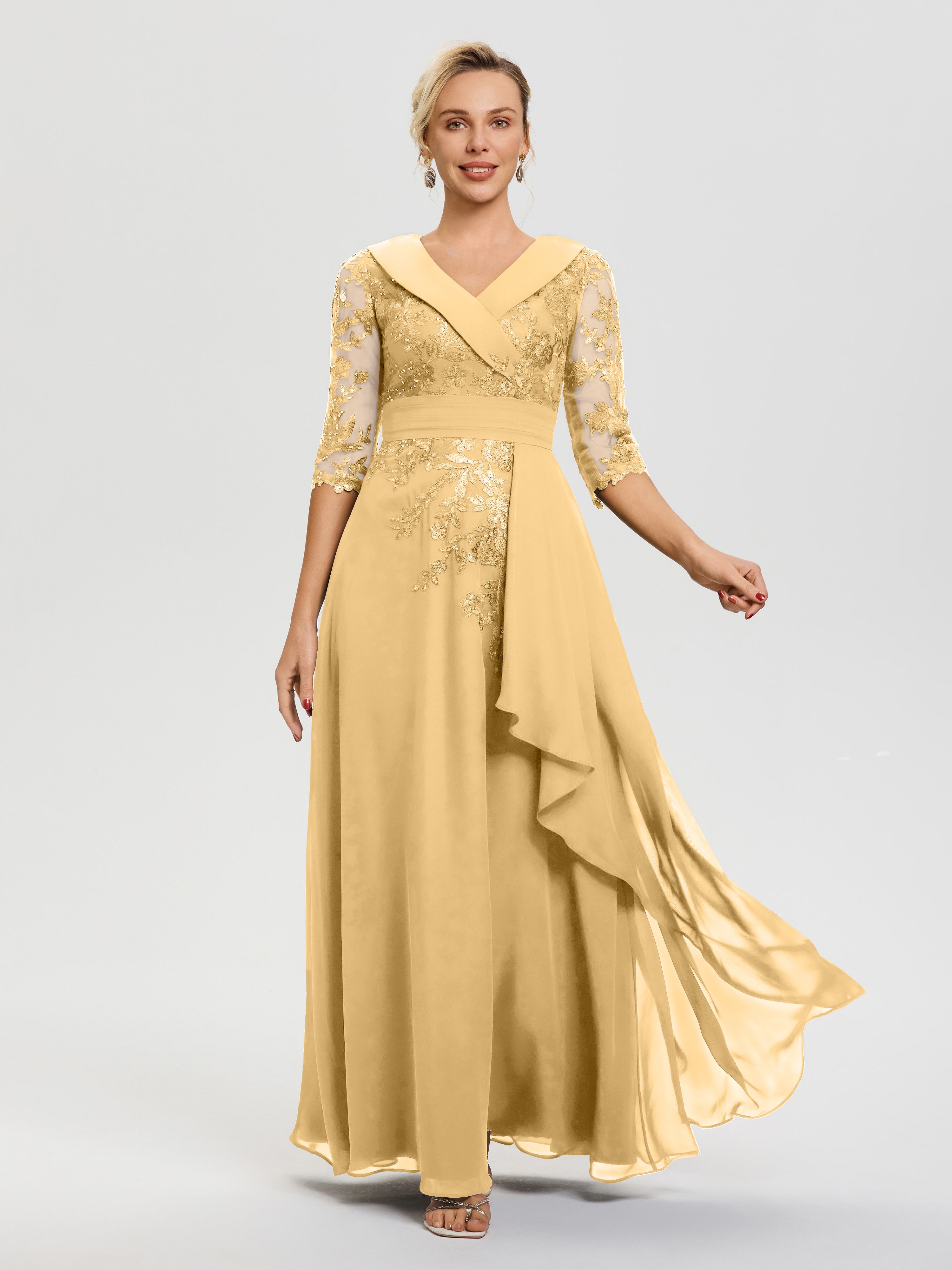 Robe Cérémonie Mère De La Mariée Or Col V Mousseline&Dentelle Robe Cérémonie Mère De La Mariée