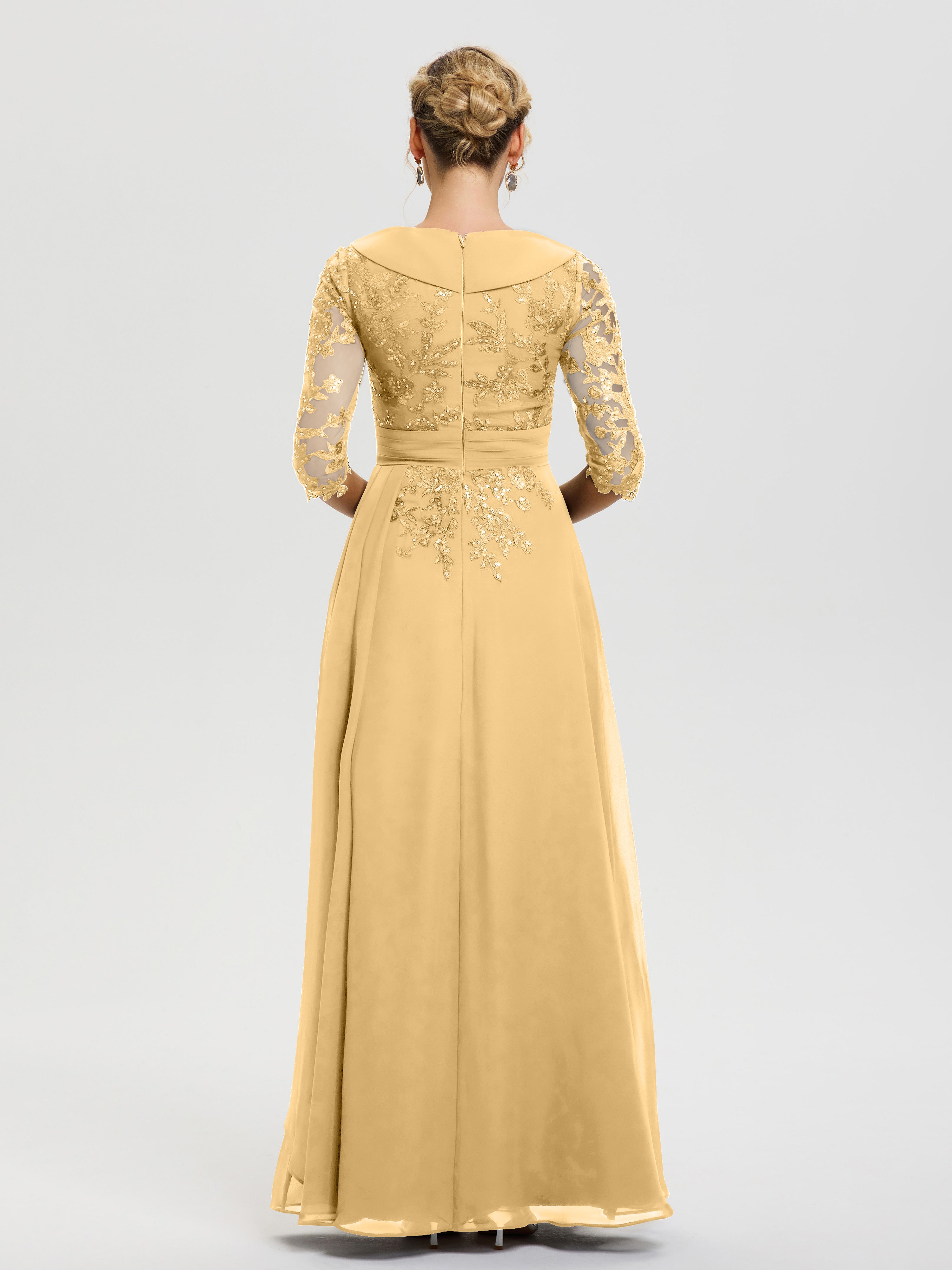 Robe Cérémonie Mère De La Mariée Or Col V Mousseline&Dentelle Robe Cérémonie Mère De La Mariée