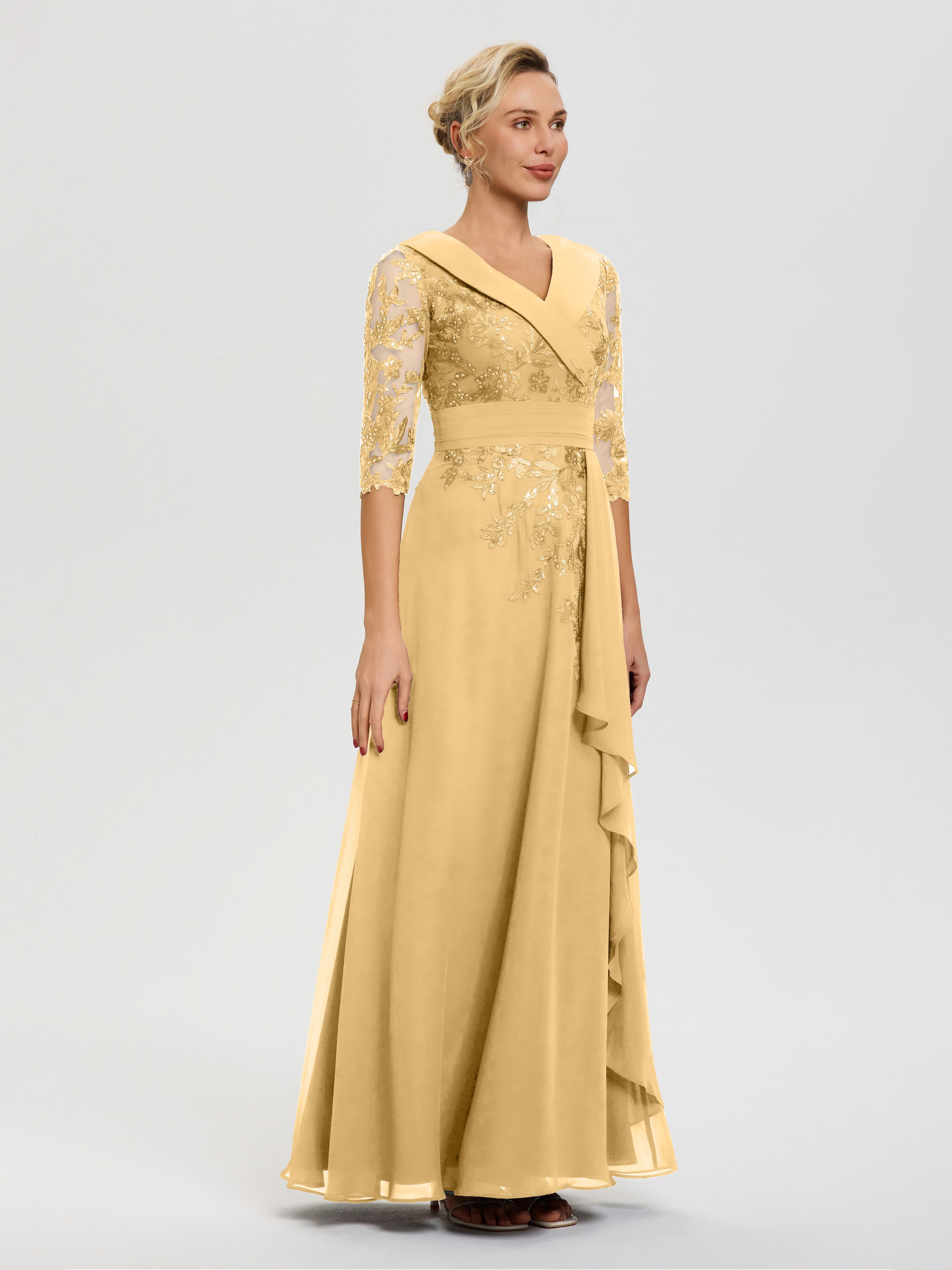 Robe Cérémonie Mère De La Mariée Or Col V Mousseline&Dentelle Robe Cérémonie Mère De La Mariée