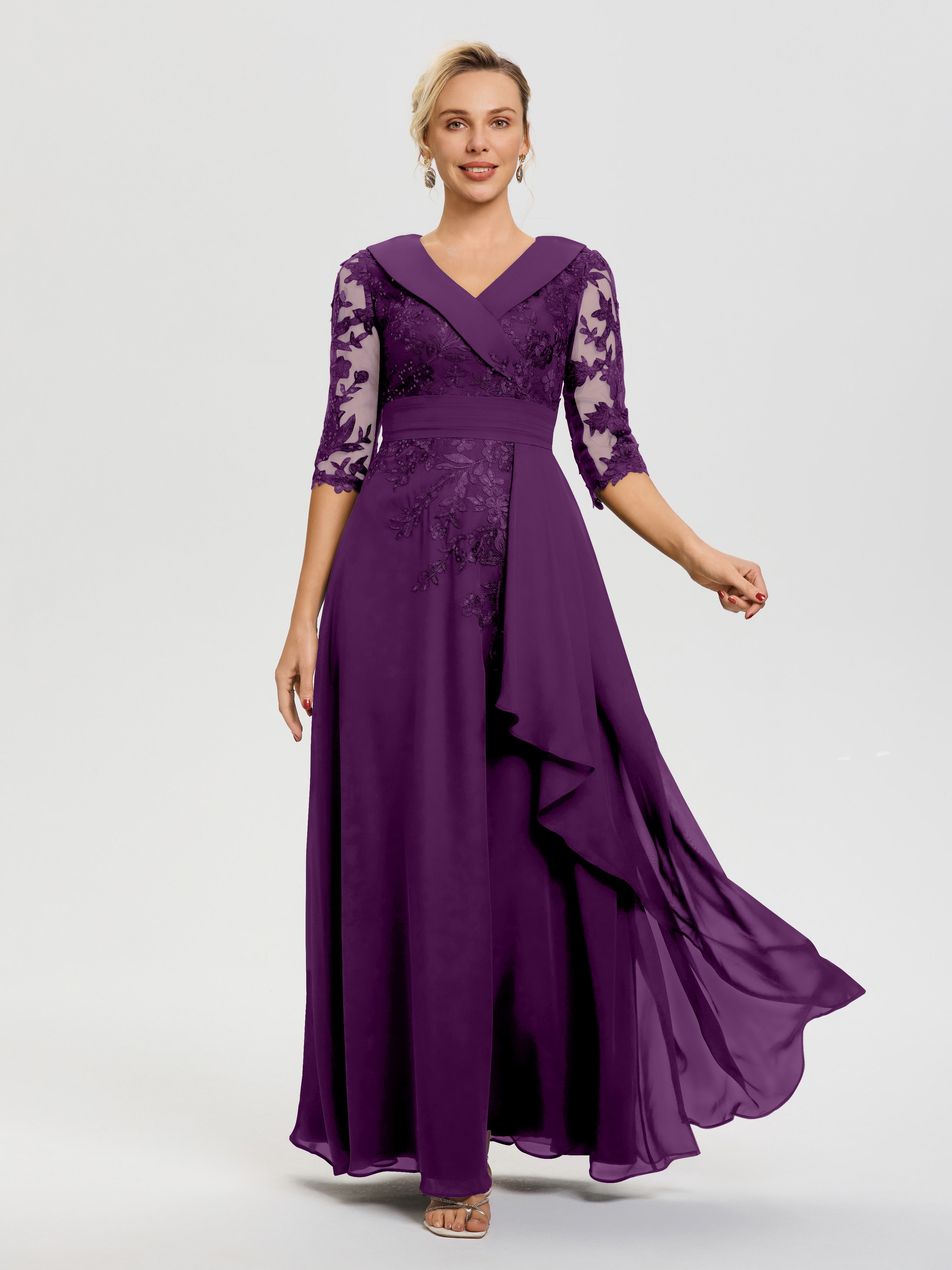 Robe Cérémonie Mère De La Mariée Raisin Col V Mousseline&Dentelle Robe Cérémonie Mère De La Mariée