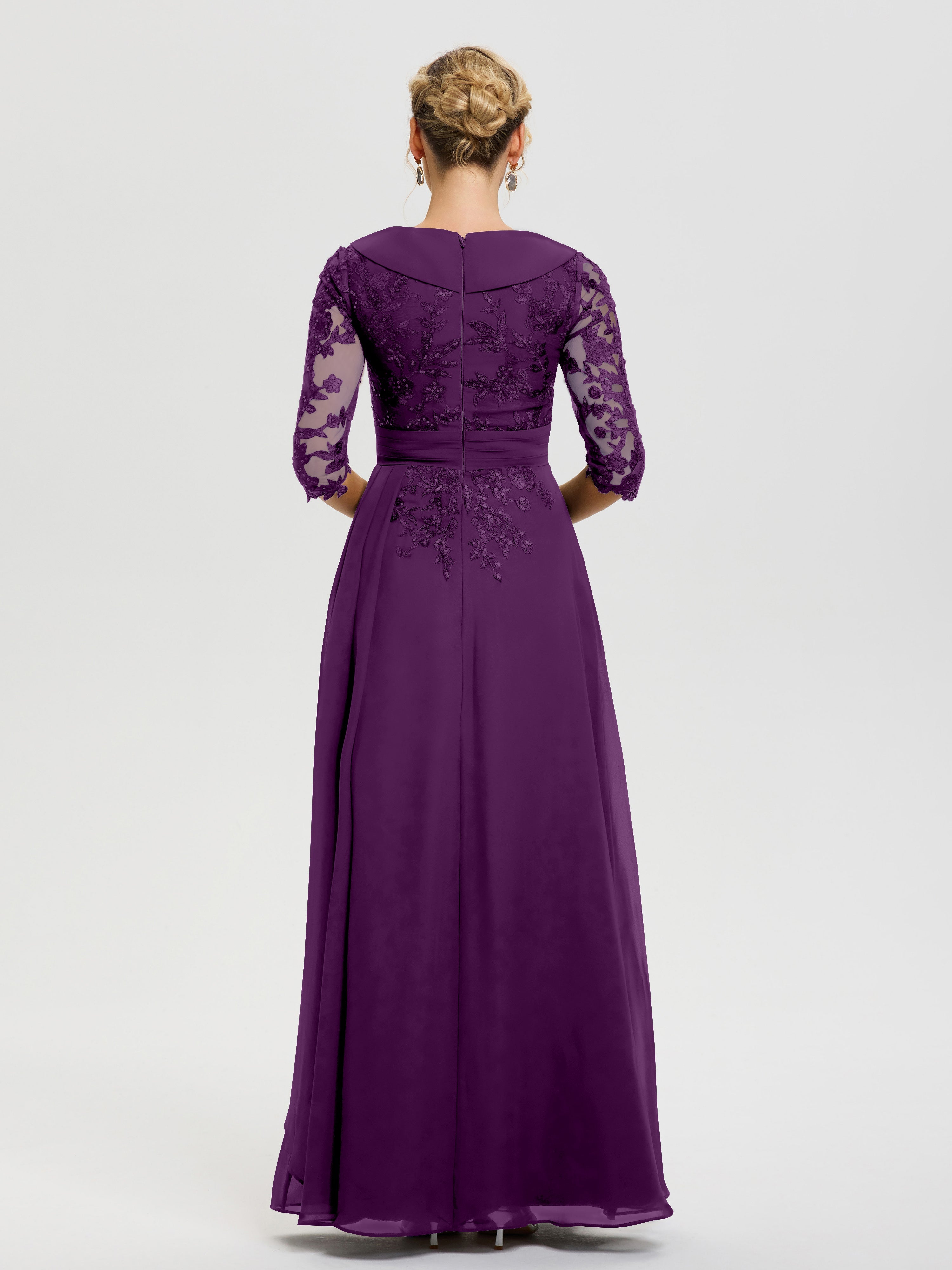 Robe Cérémonie Mère De La Mariée Raisin Col V Mousseline&Dentelle Robe Cérémonie Mère De La Mariée