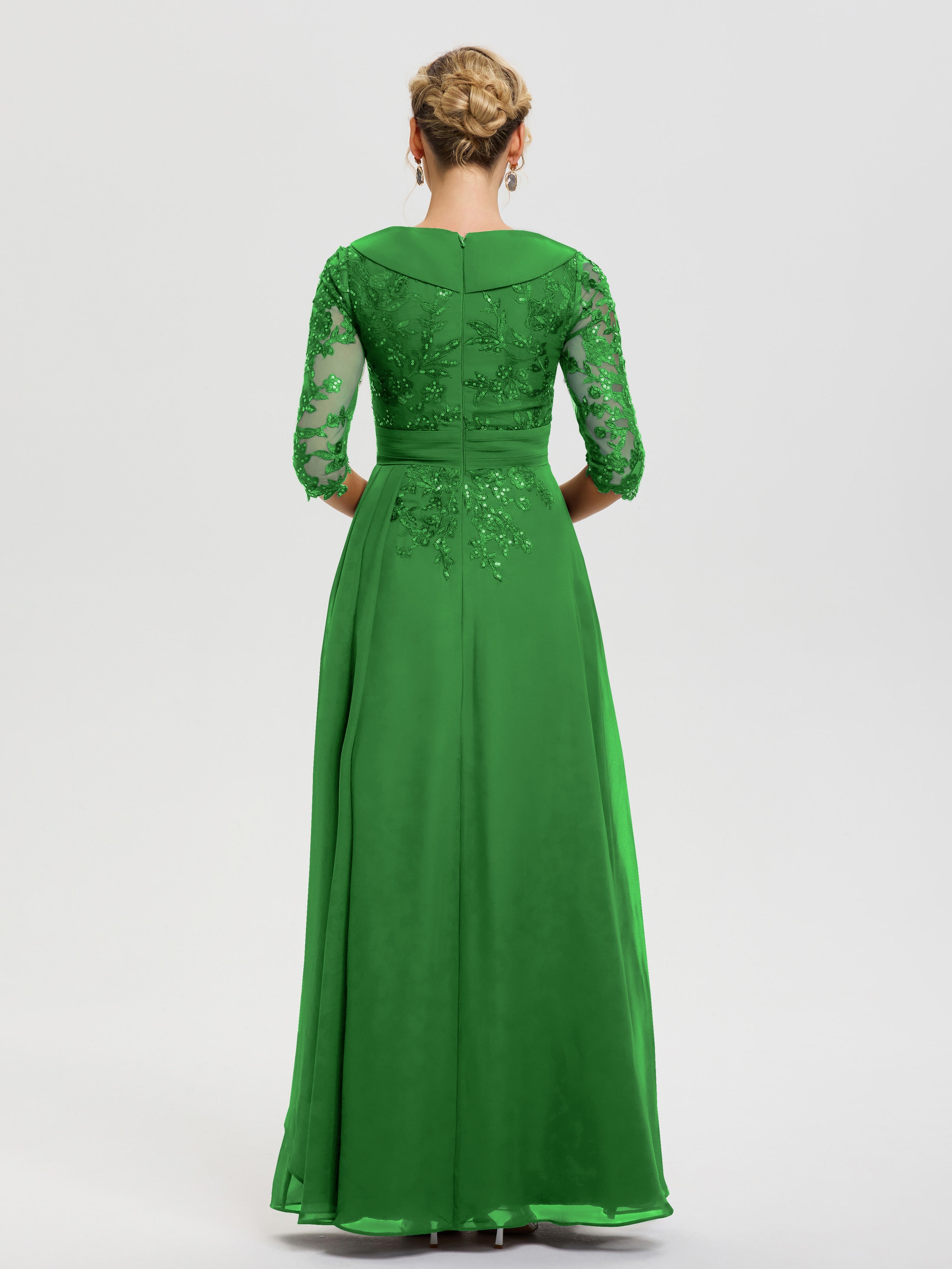 Robe Pour Mère De La Mariée Vert Col V Mousseline&Dentelle Robe Cérémonie Mère De La Mariée