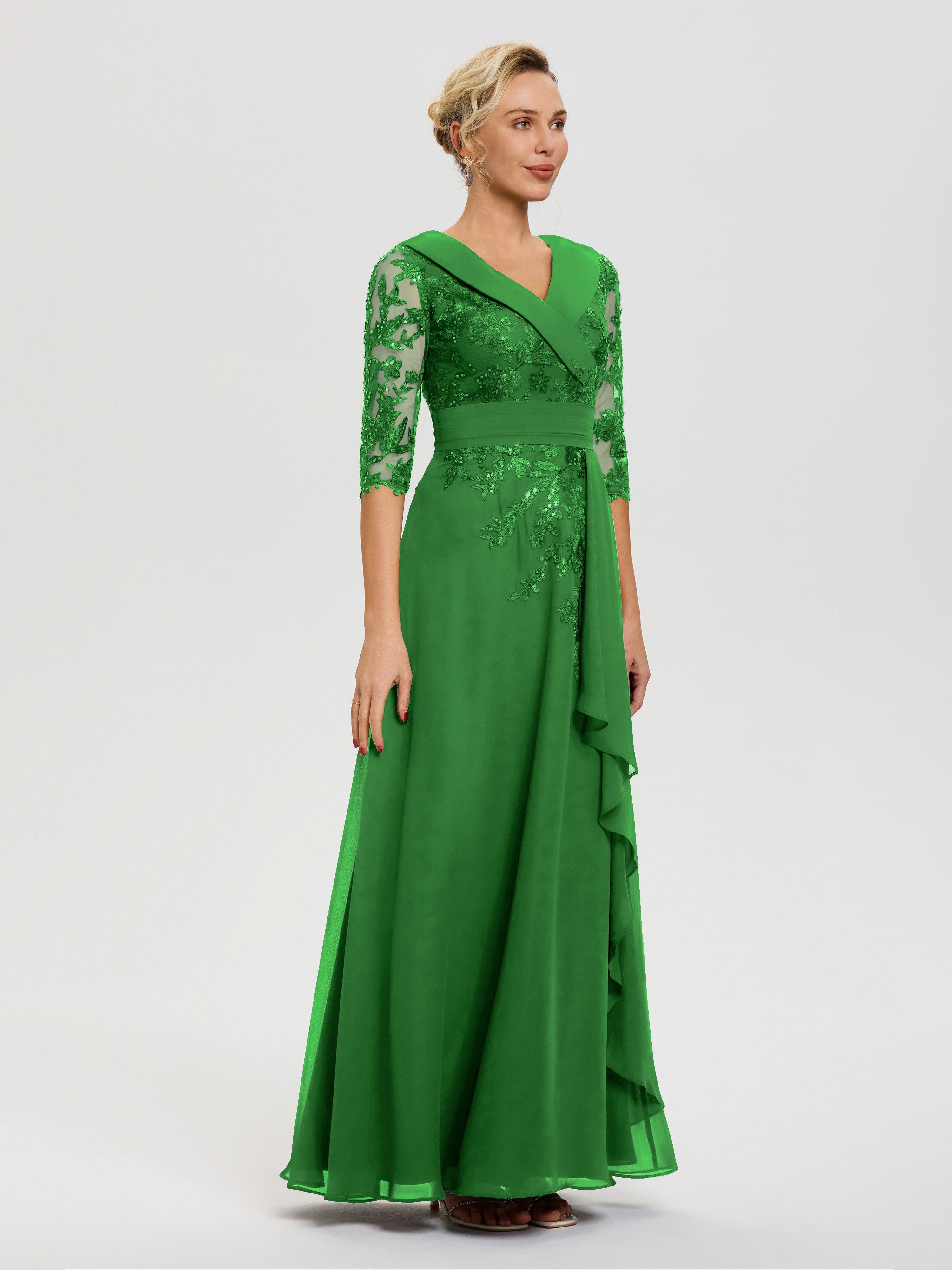 Robe Pour Mère De La Mariée Vert Col V Mousseline&Dentelle Robe Cérémonie Mère De La Mariée