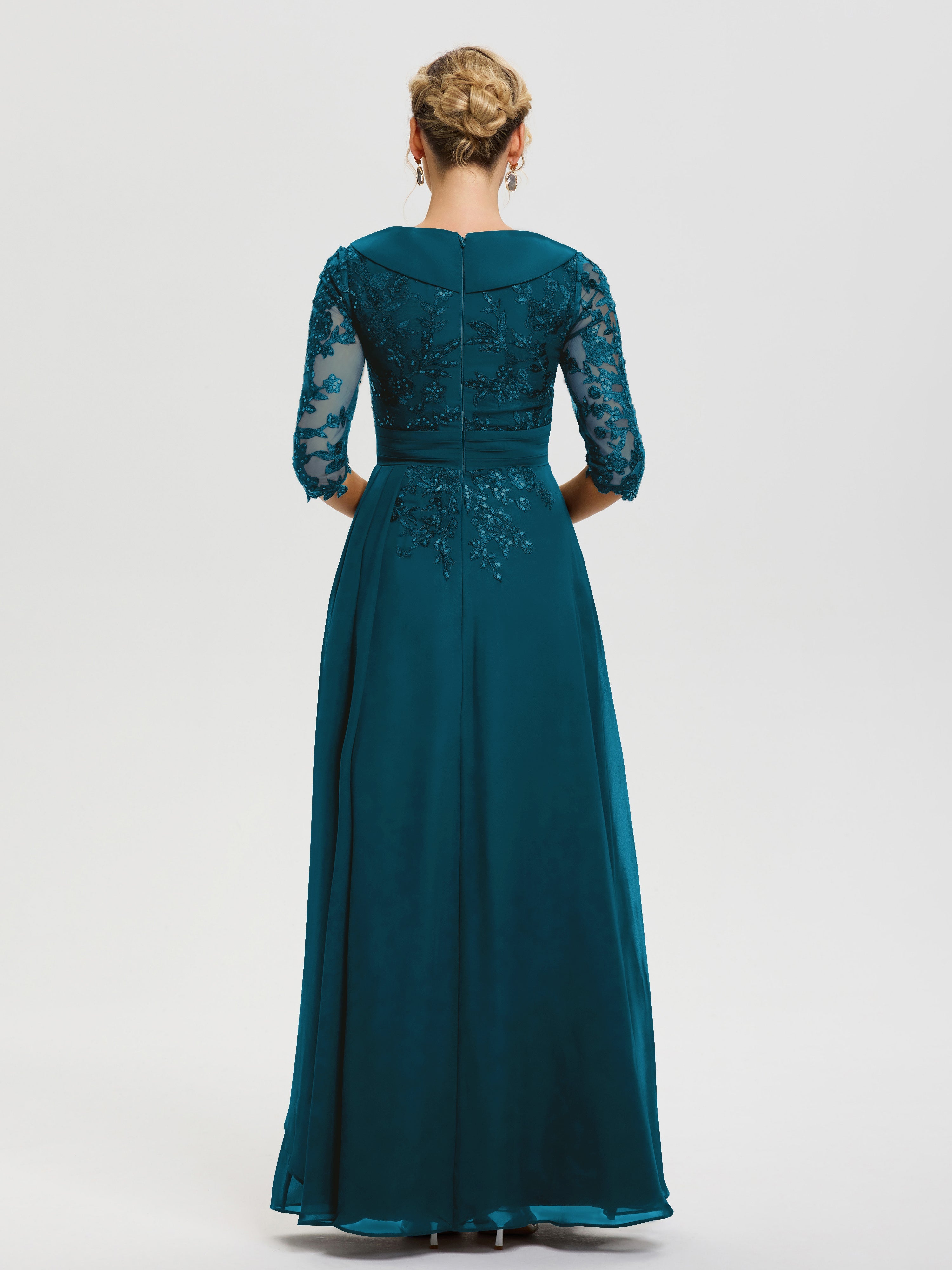 Robe Mère De La Mariée Bleu Encre Col V Mousseline&Dentelle Robe Cérémonie Mère De La Mariée