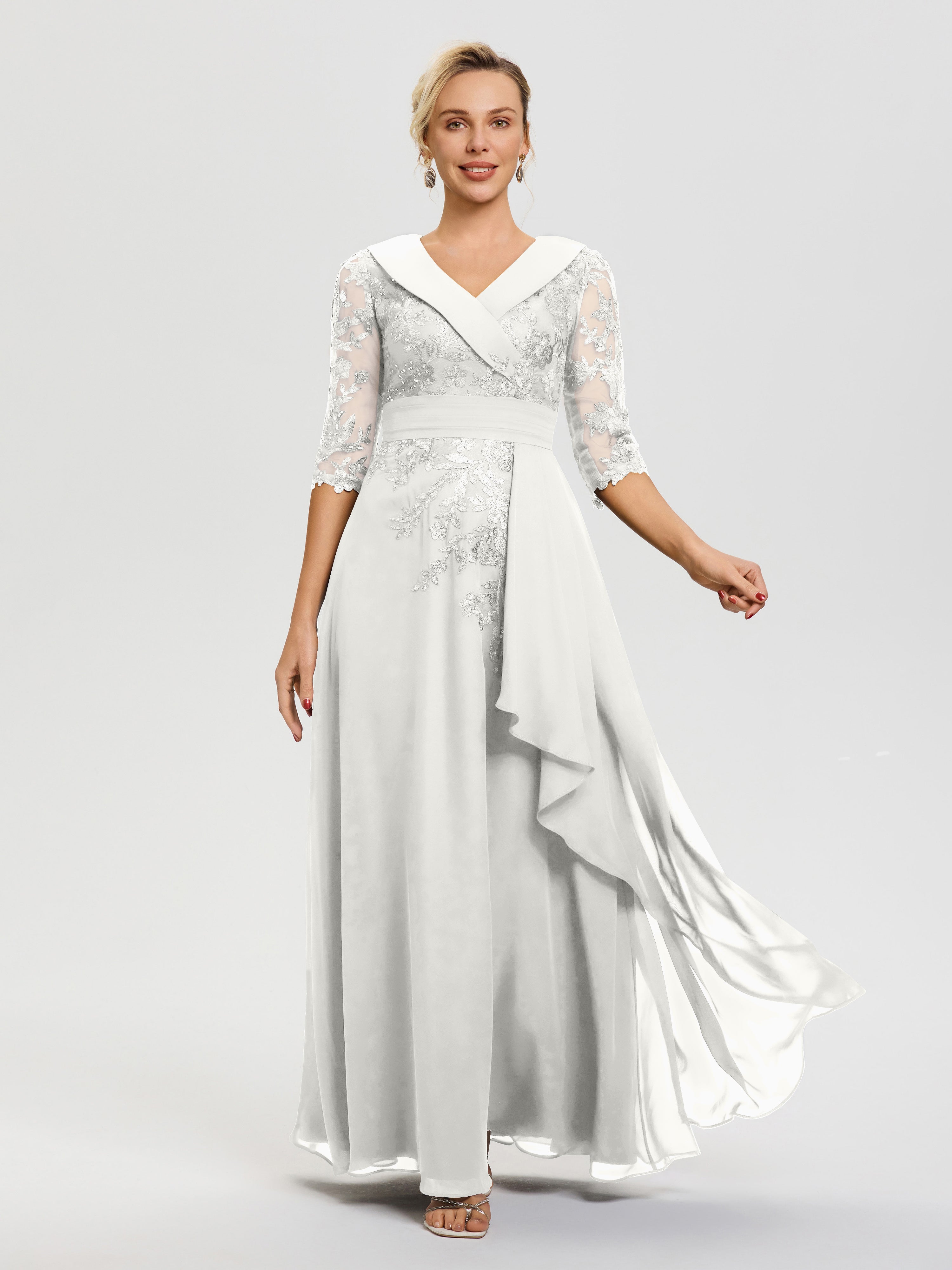 Robe Mère De La Mariée Ivoire Col V Mousseline&Dentelle Robe Cérémonie Mère De La Mariée