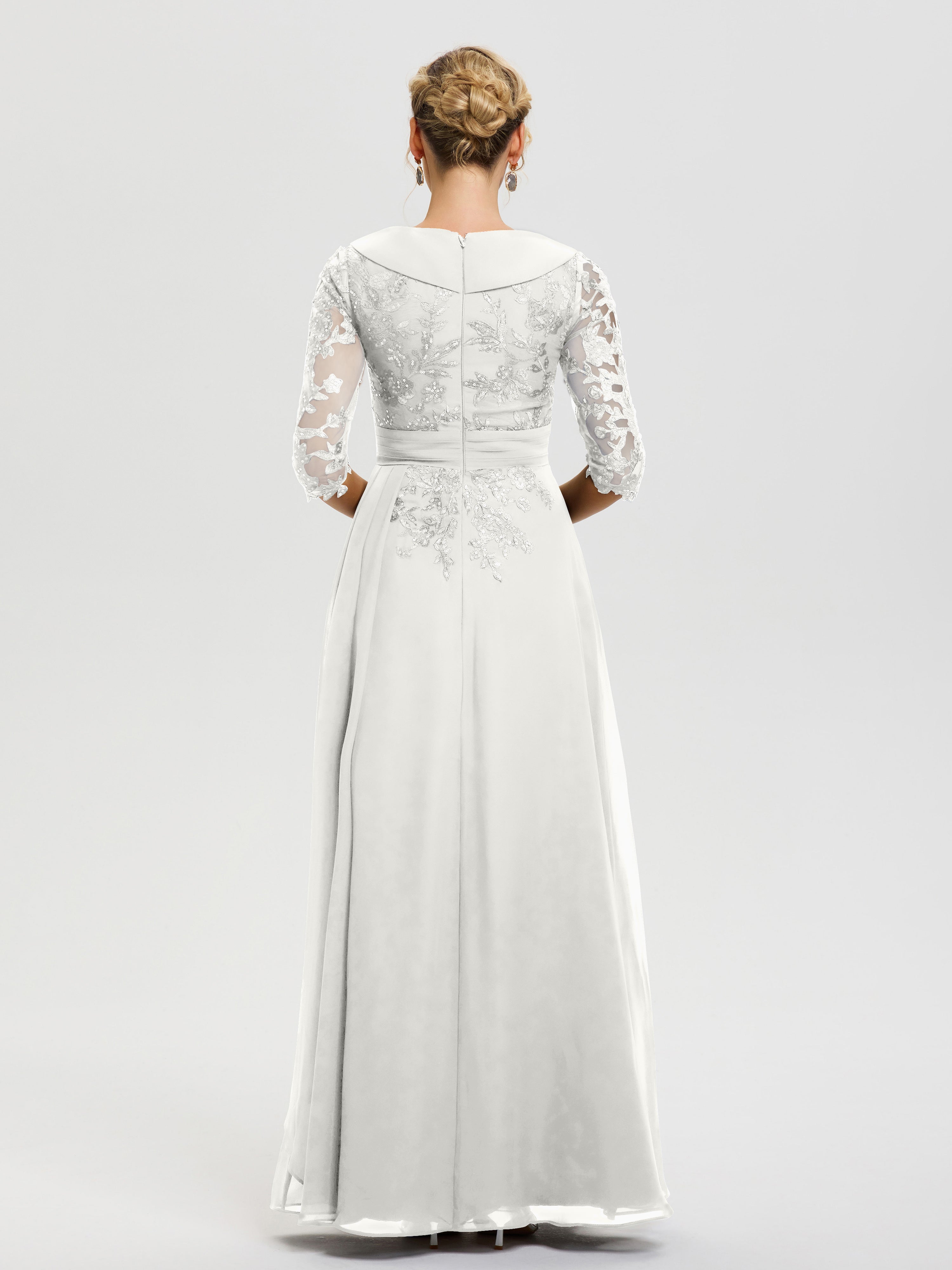Robe Mère De La Mariée Ivoire Col V Mousseline&Dentelle Robe Cérémonie Mère De La Mariée