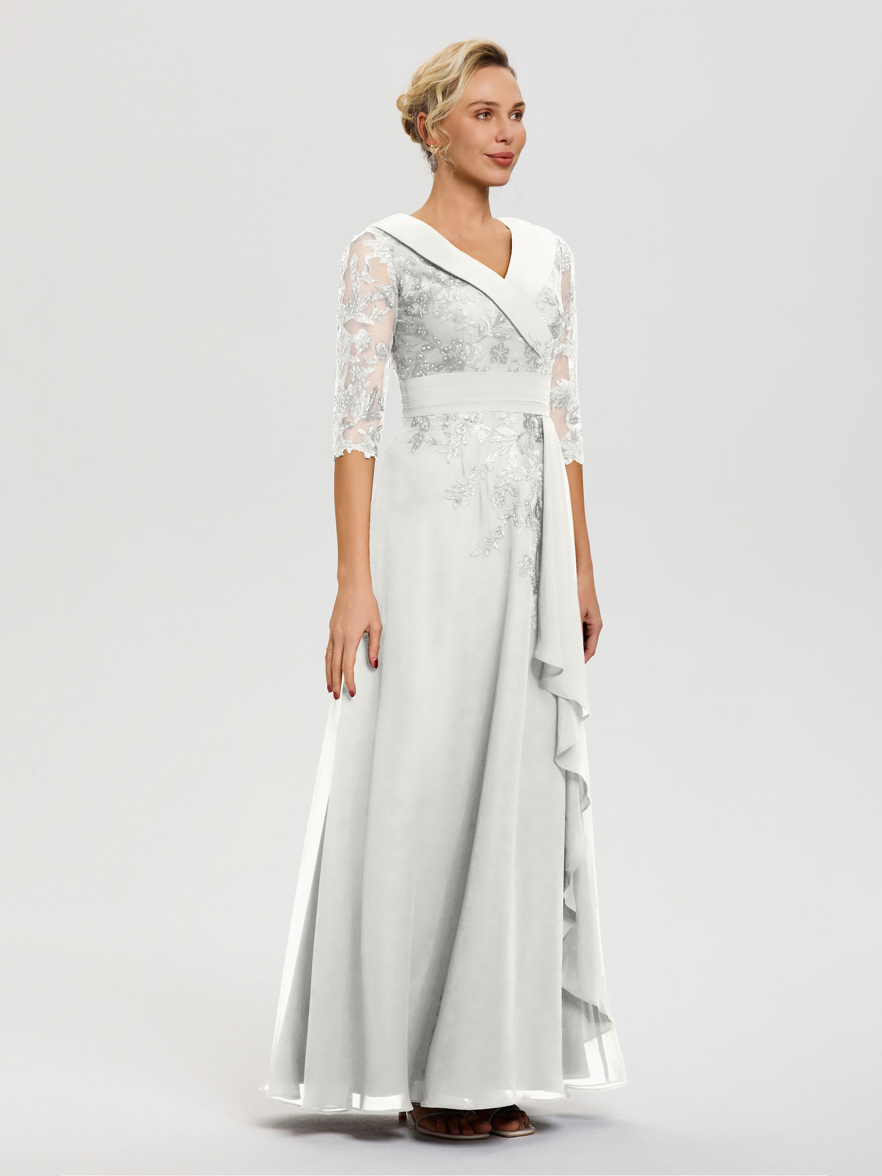 Robe Mère De La Mariée Ivoire Col V Mousseline&Dentelle Robe Cérémonie Mère De La Mariée