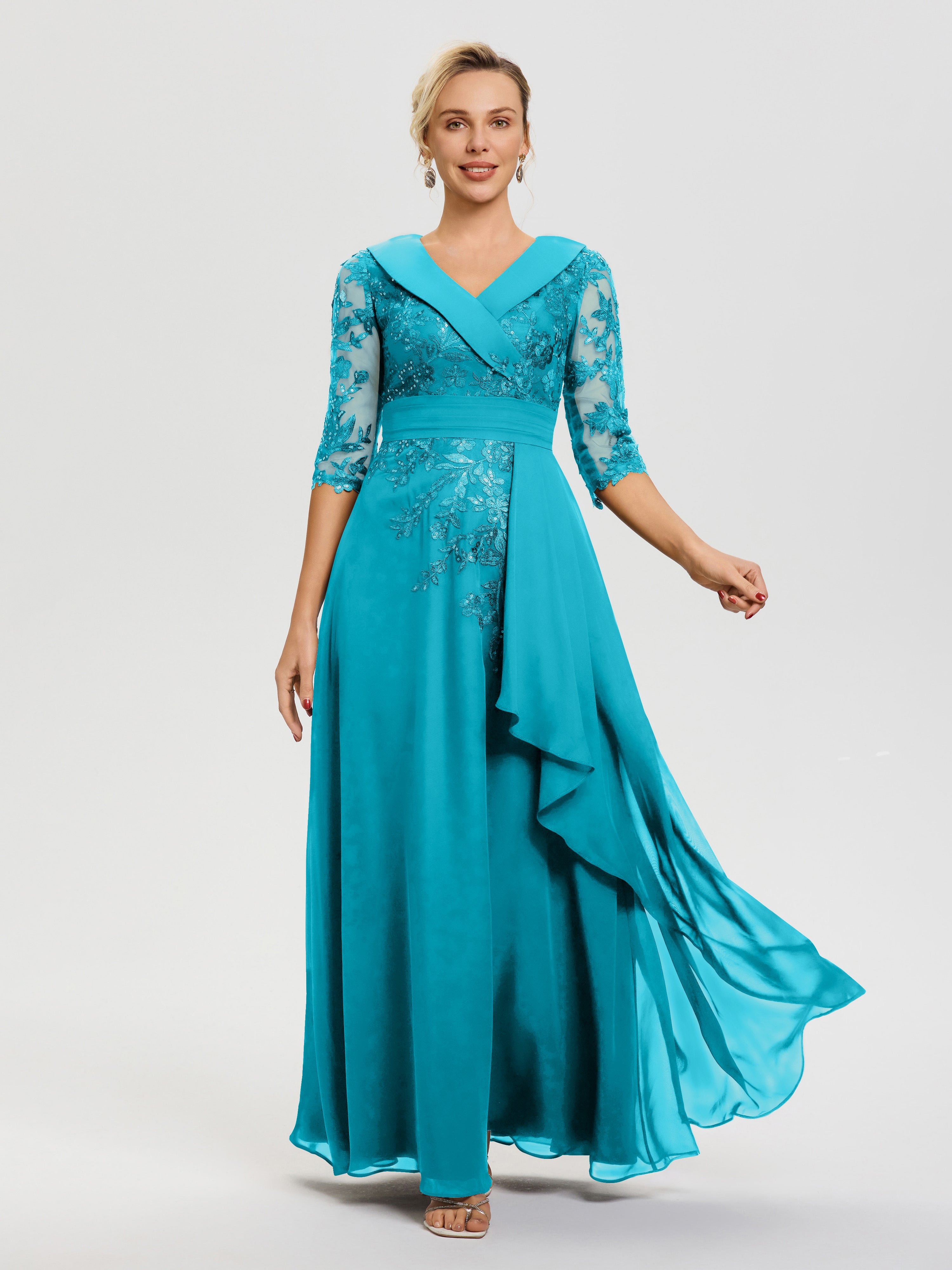 Robe Cérémonie Mère De La Mariée Ivoire Col V Mousseline&Dentelle Robe Cérémonie Mère De La Mariée