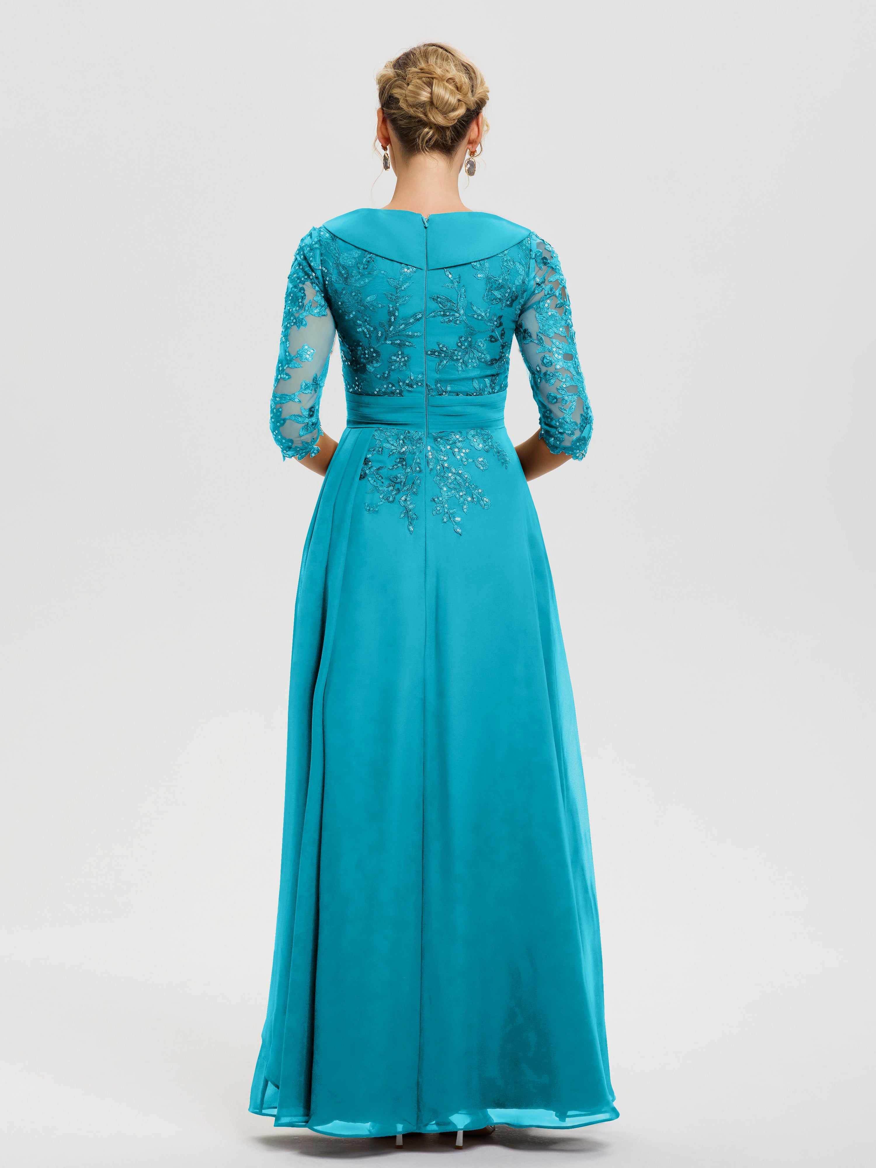 Robe Cérémonie Mère De La Mariée Ivoire Col V Mousseline&Dentelle Robe Cérémonie Mère De La Mariée