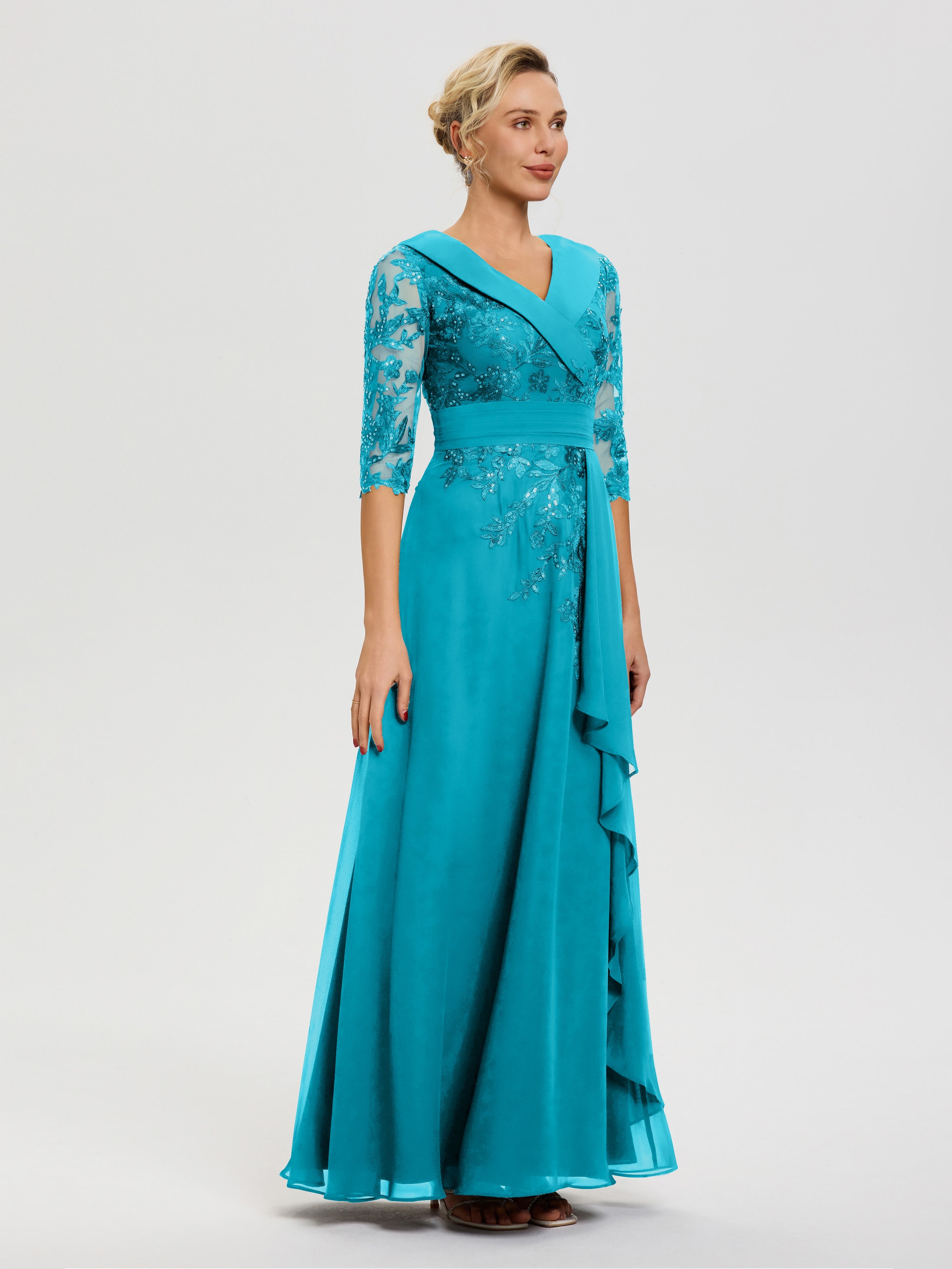 Robe Cérémonie Mère De La Mariée Ivoire Col V Mousseline&Dentelle Robe Cérémonie Mère De La Mariée
