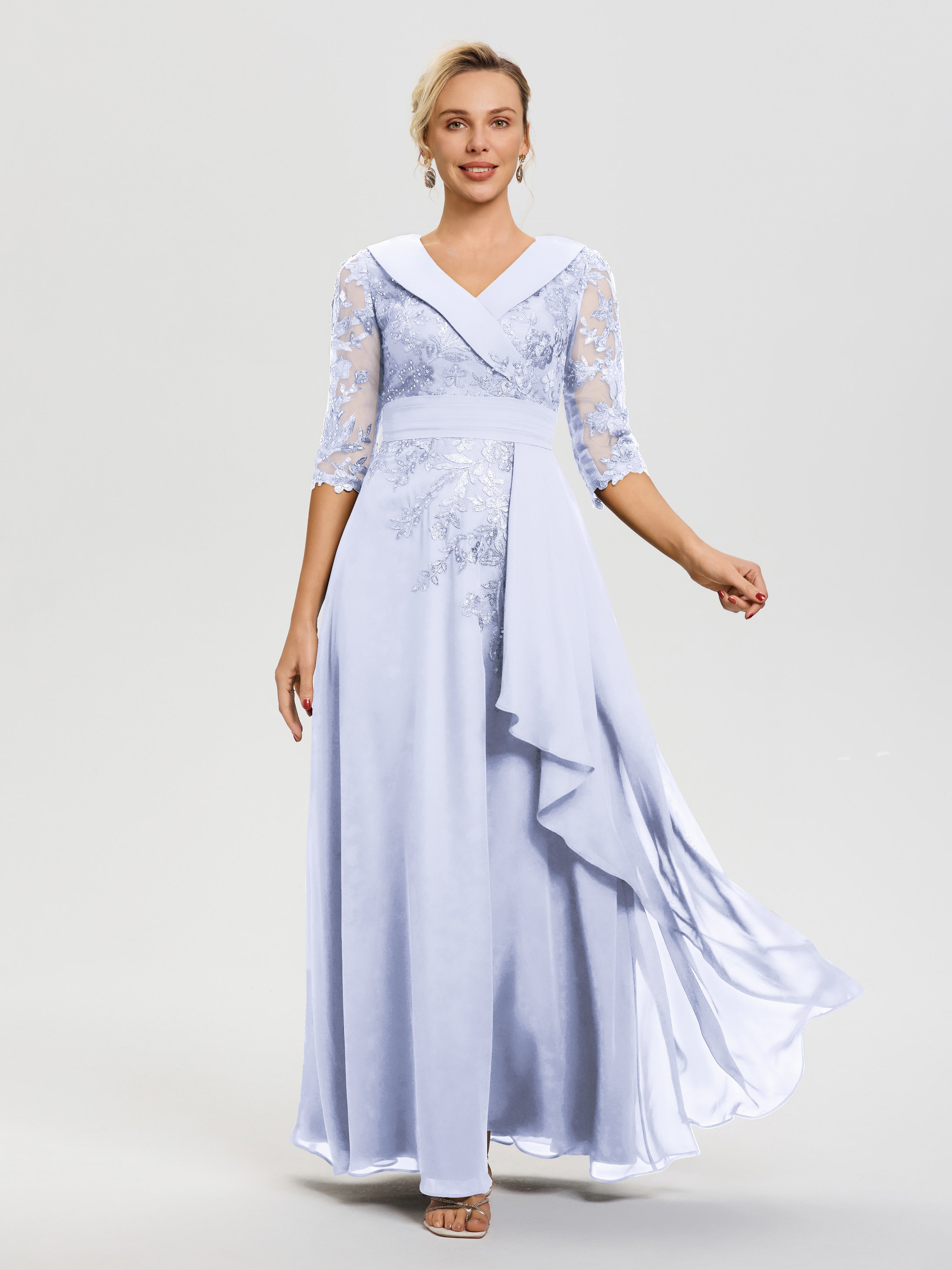 Robe Cérémonie Mère De La Mariée Lavande Col V Mousseline&Dentelle Robe Cérémonie Mère De La Mariée