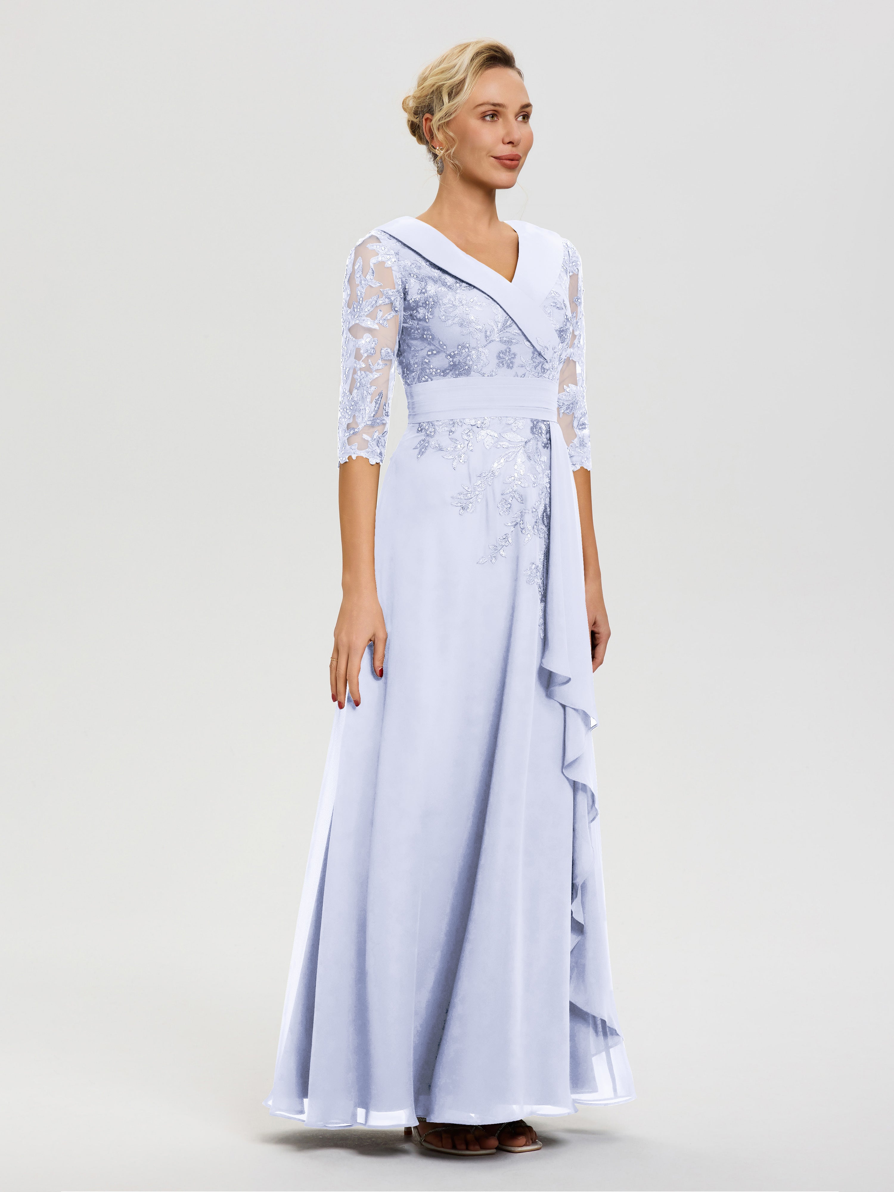 Robe Cérémonie Mère De La Mariée Lavande Col V Mousseline&Dentelle Robe Cérémonie Mère De La Mariée