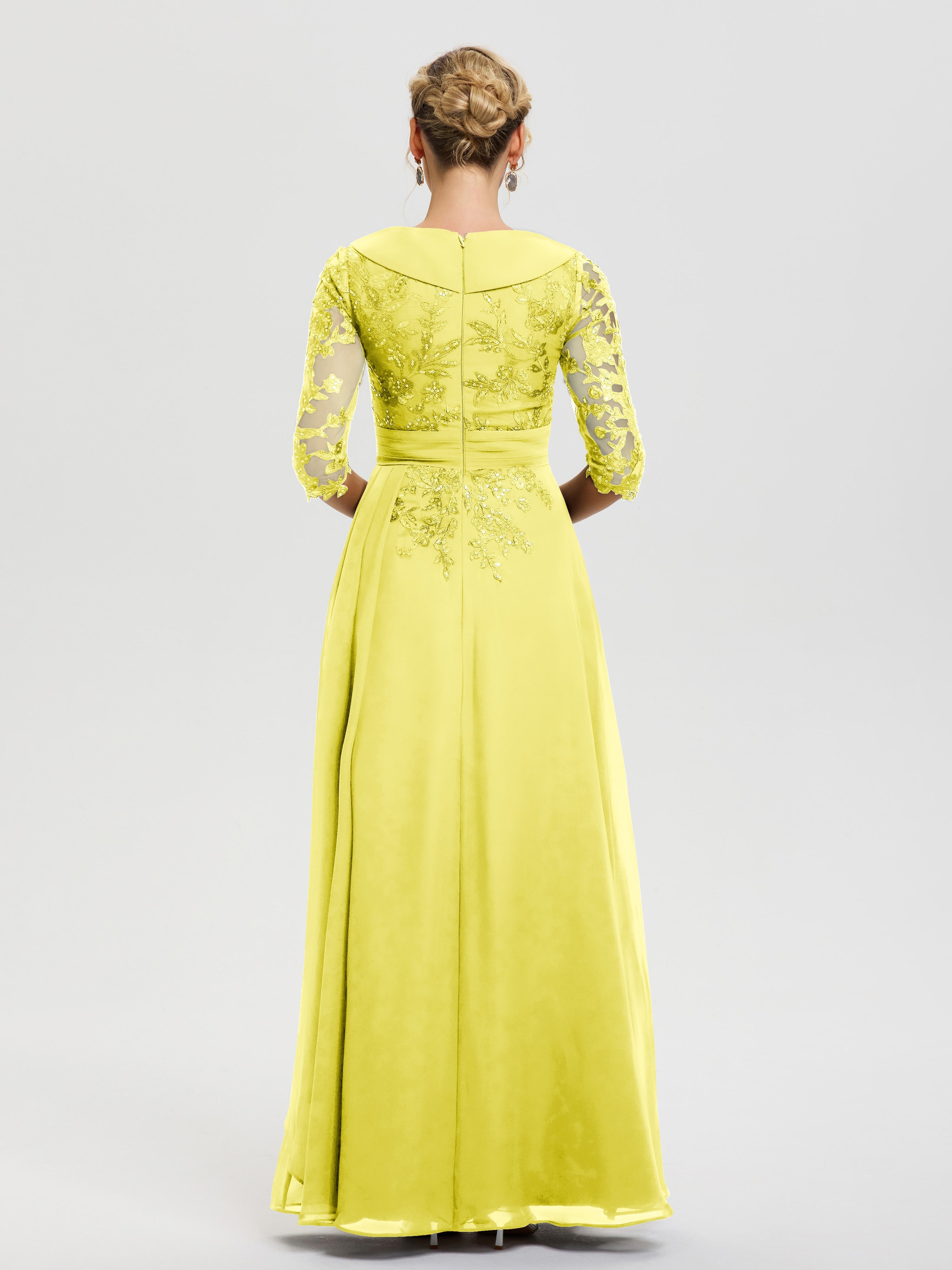 Robe Mère Marié Citron Col-V-Mousseline-Dentelle-Robe-Ceremonie-Mere-De-La-Mariee