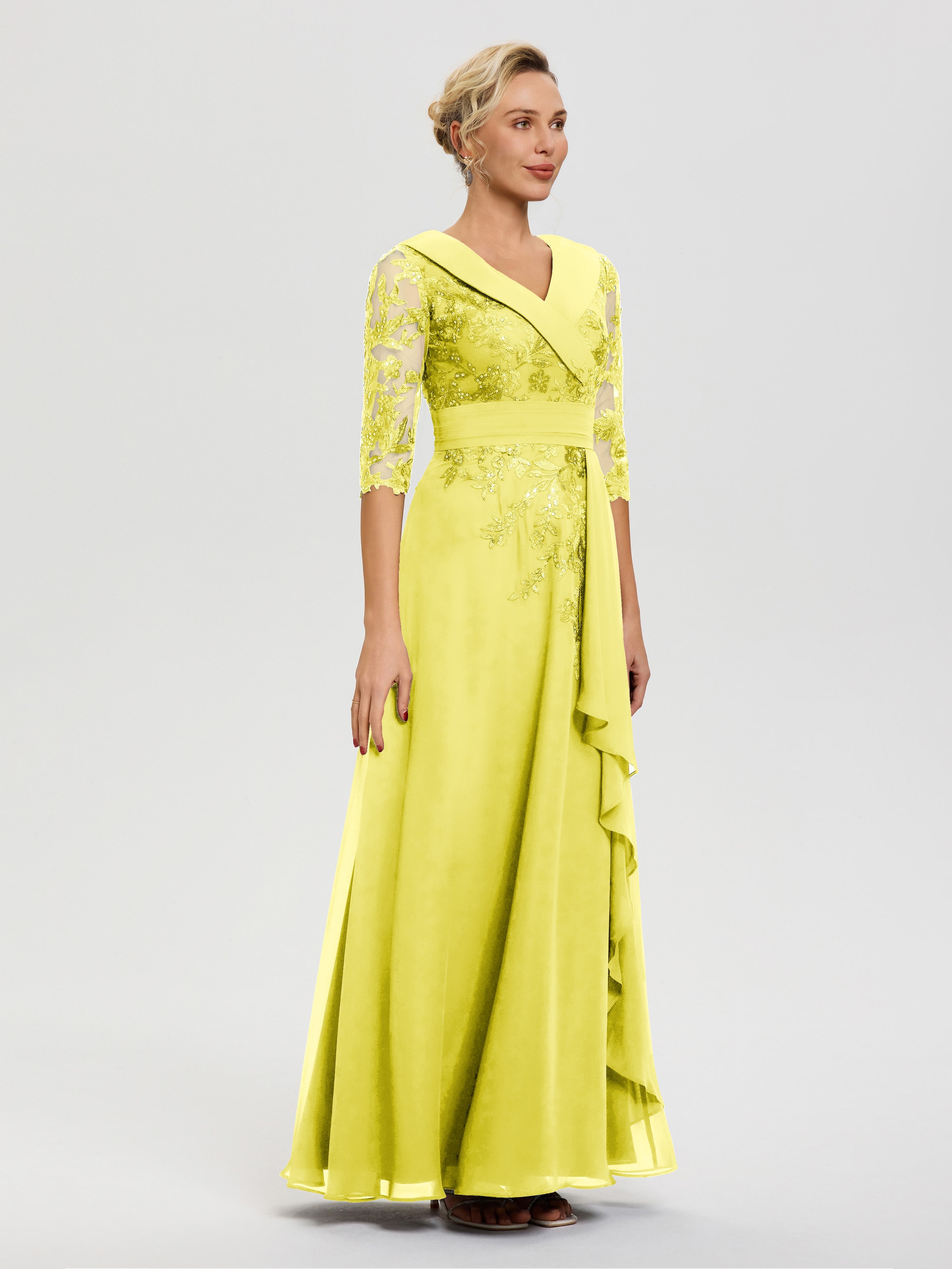 Robe Mère Marié Citron Col-V-Mousseline-Dentelle-Robe-Ceremonie-Mere-De-La-Mariee