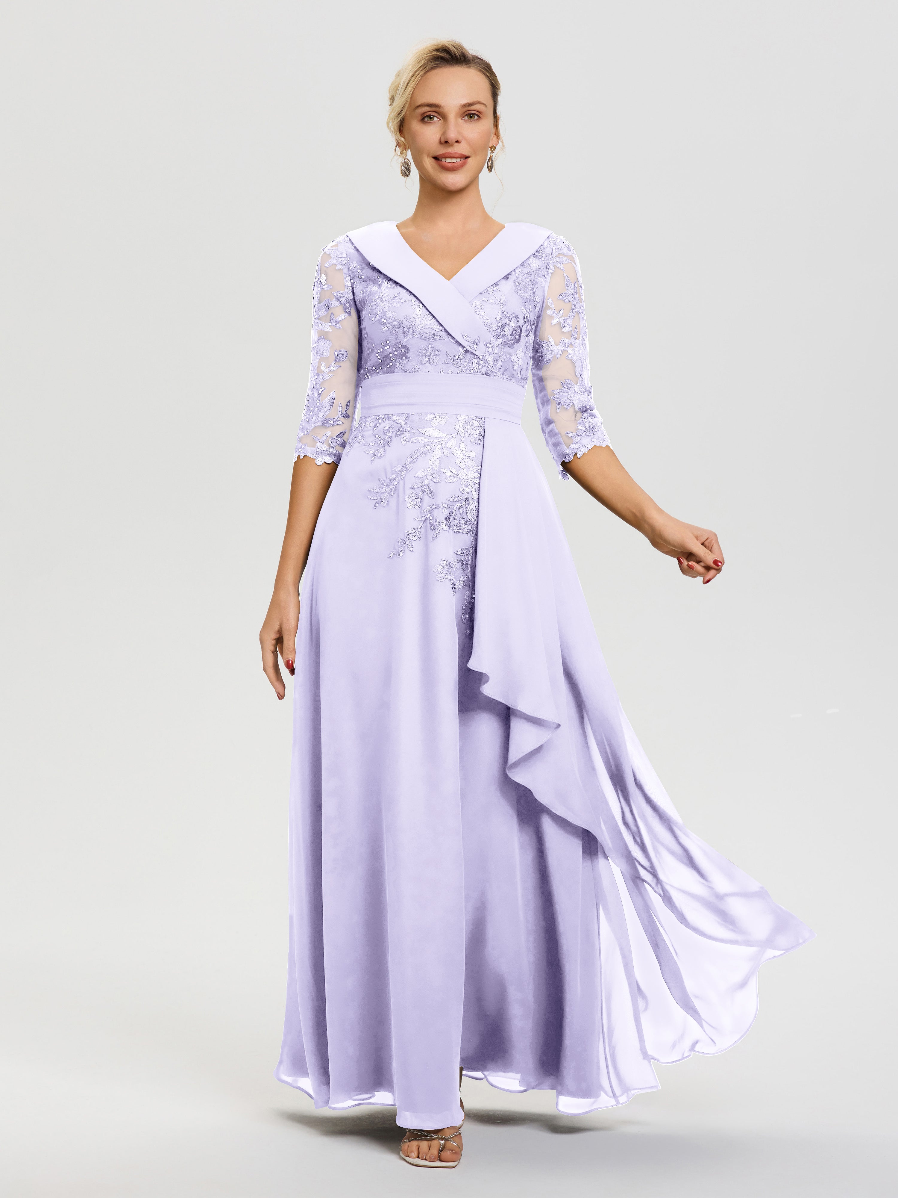 Robe Cérémonie Mère De La Mariée Lilas Col V Mousseline&Dentelle Robe Cérémonie Mère De La Mariée
