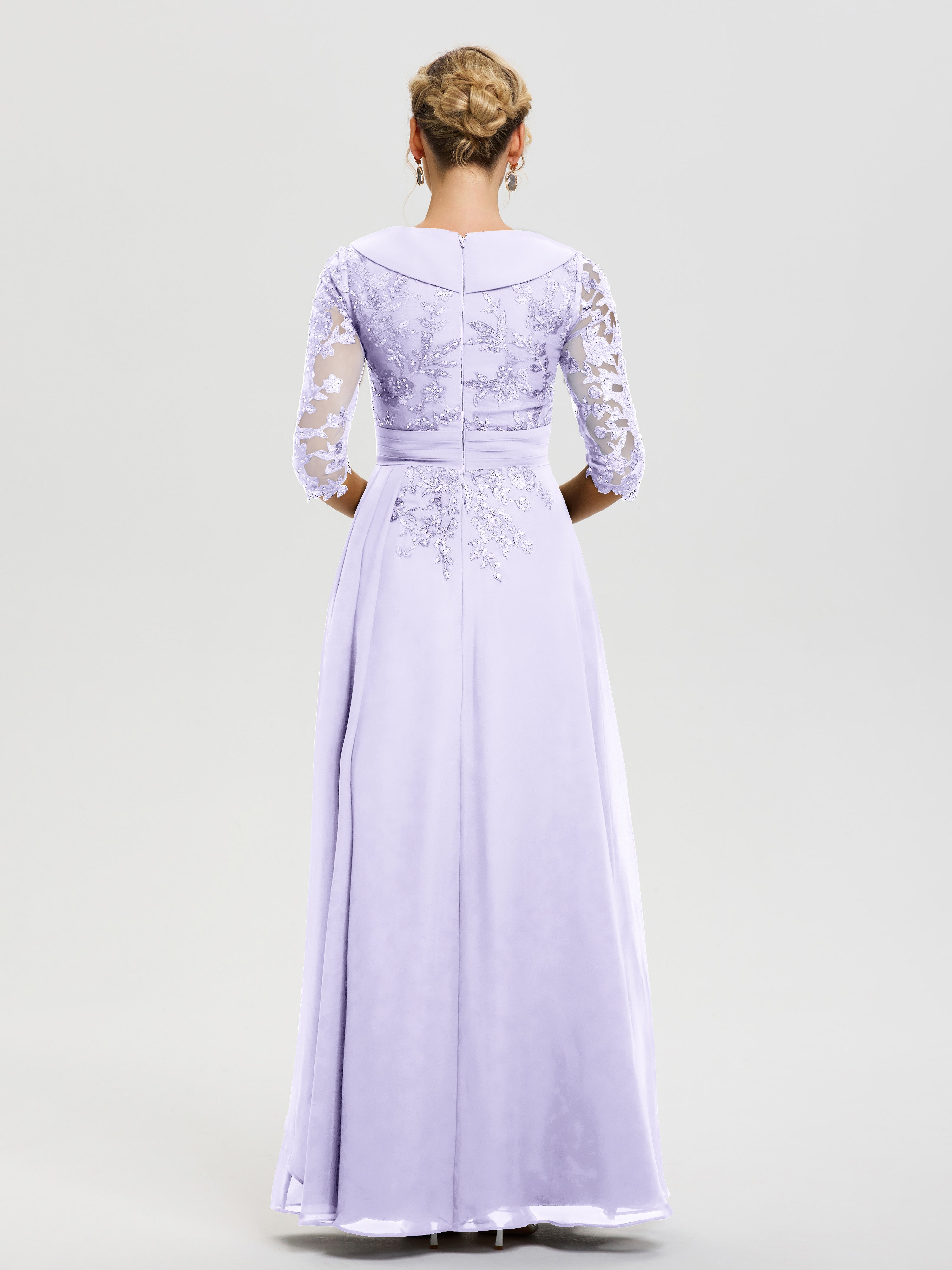 Robe Cérémonie Mère De La Mariée Lilas Col V Mousseline&Dentelle Robe Cérémonie Mère De La Mariée