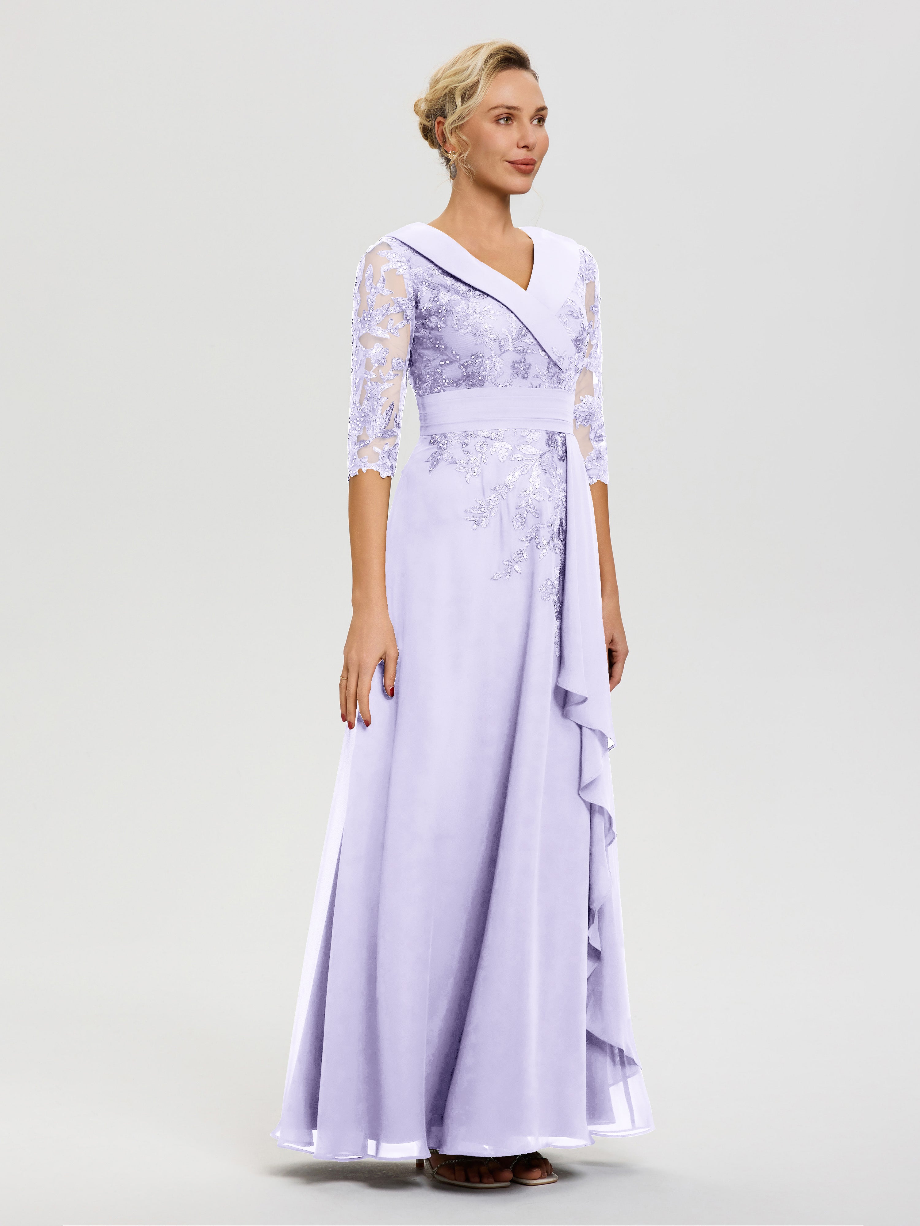 Robe Cérémonie Mère De La Mariée Lilas Col V Mousseline&Dentelle Robe Cérémonie Mère De La Mariée