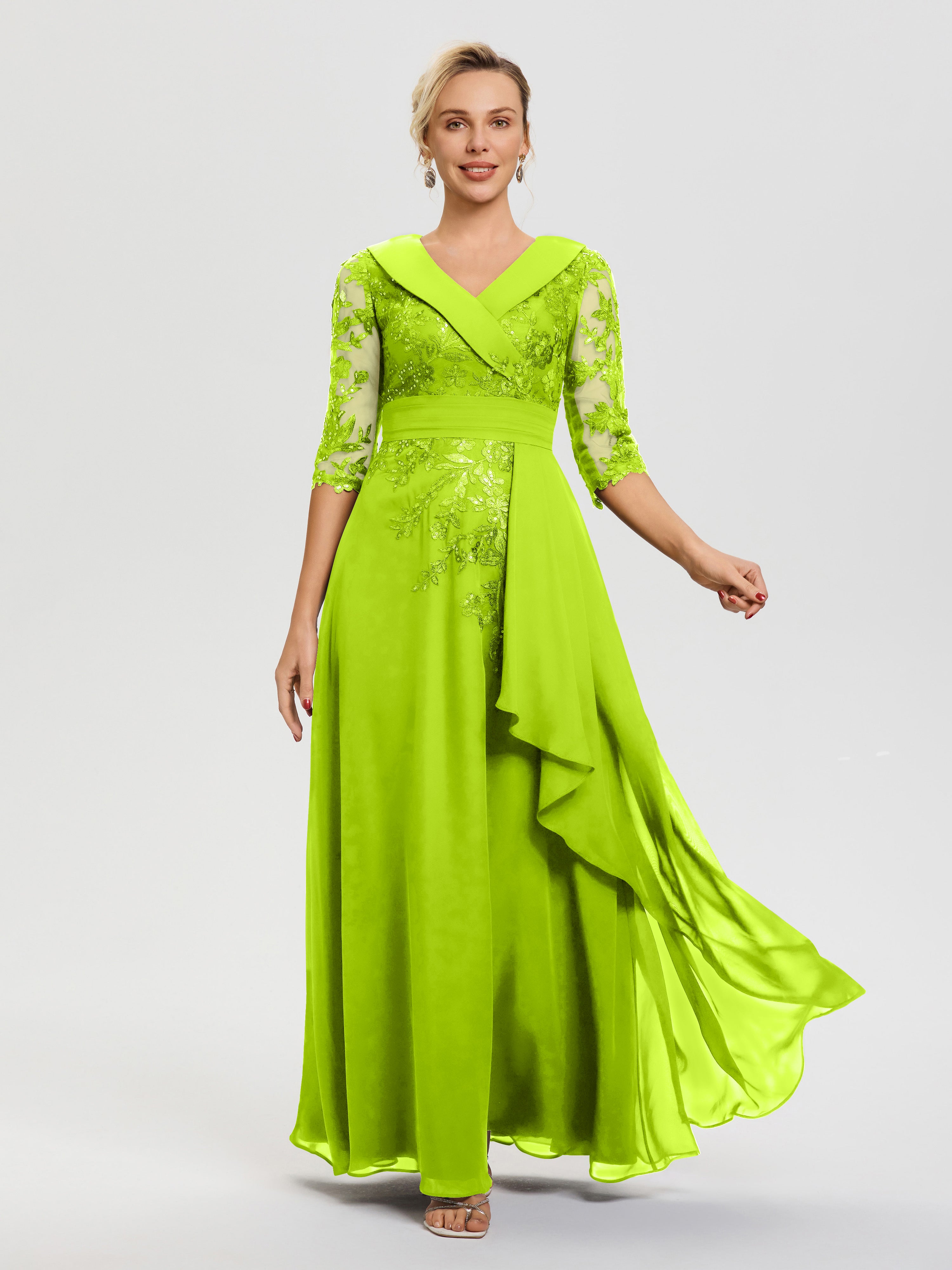 Robe Mère De La Mariée Moderne Vert Citron Col V Mousseline&Dentelle Robe Cérémonie Mère De La Mariée