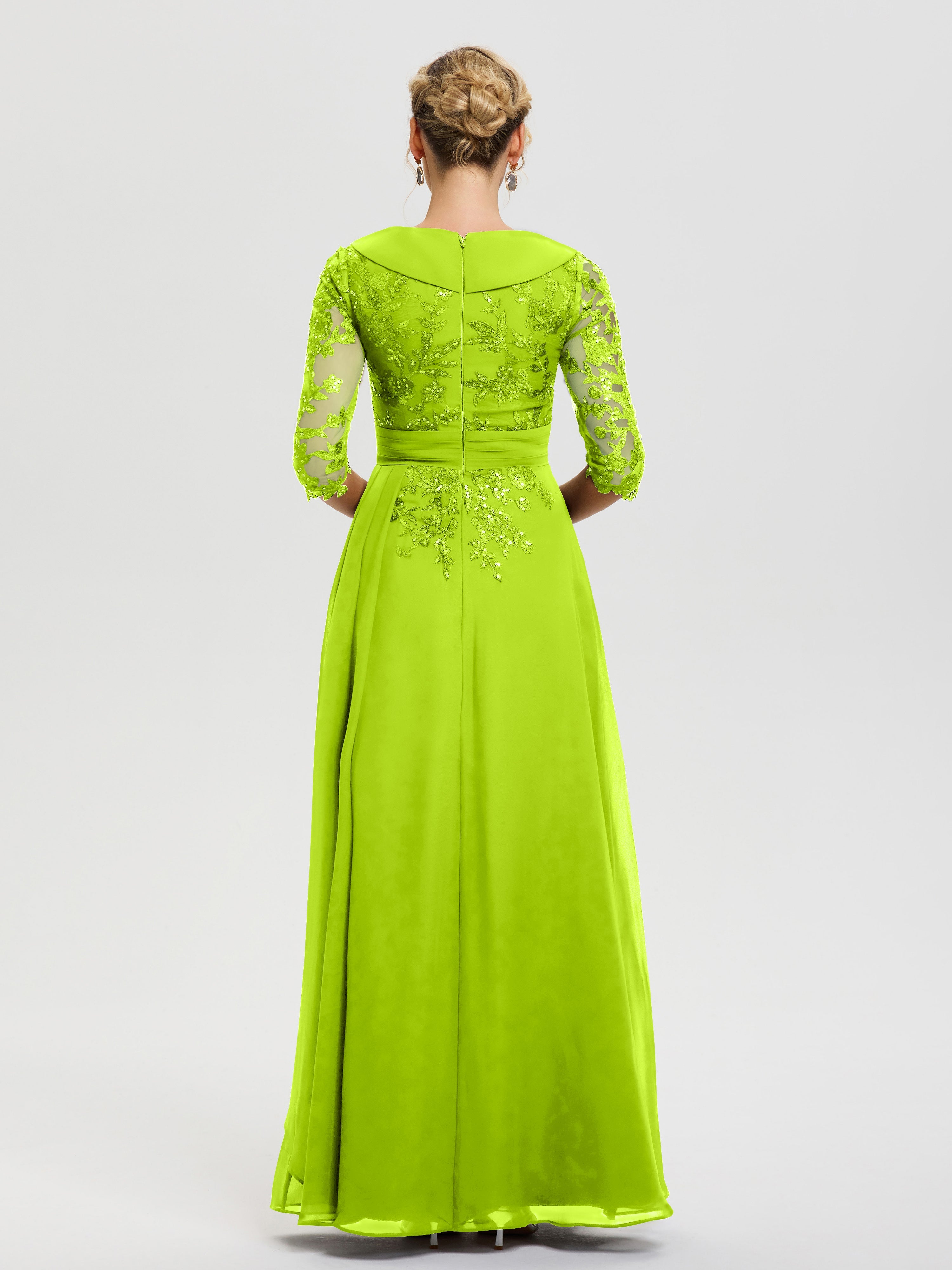 Robe Mère De La Mariée Moderne Vert Citron Col V Mousseline&Dentelle Robe Cérémonie Mère De La Mariée
