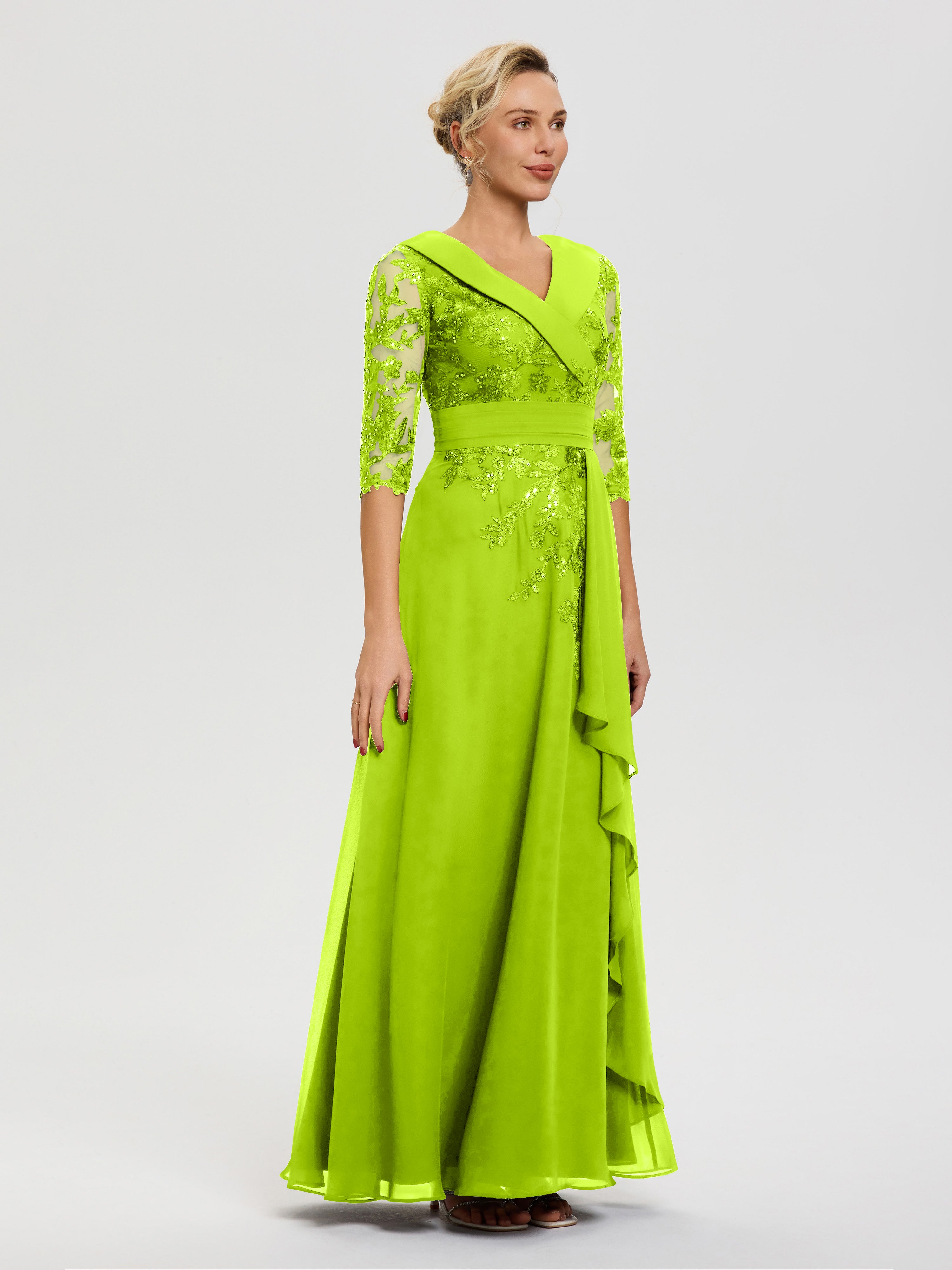Robe Mère De La Mariée Moderne Vert Citron Col V Mousseline&Dentelle Robe Cérémonie Mère De La Mariée
