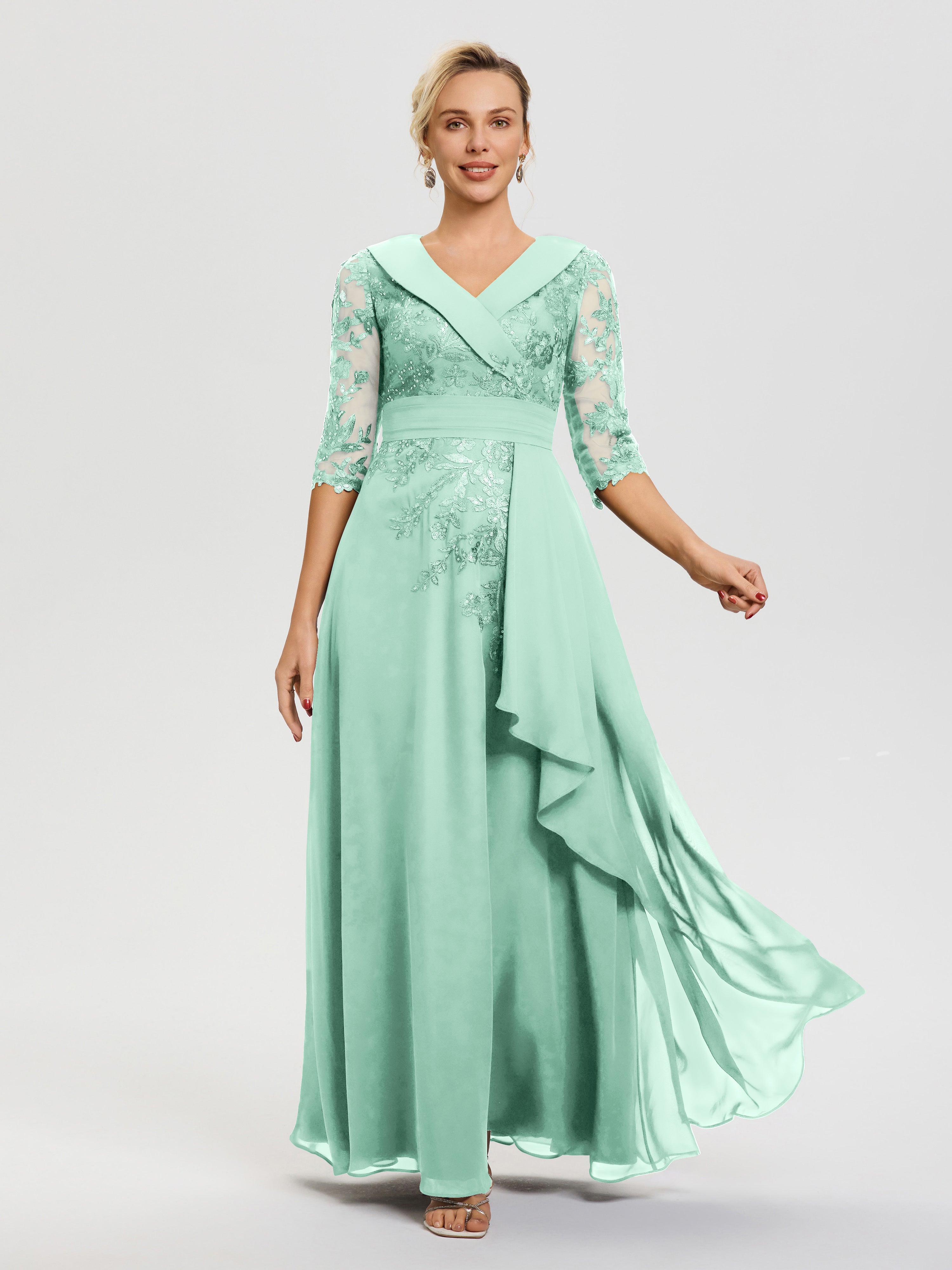Robe Pour Mariage Mère Du Marié Vert Menthe Col V Mousseline&Dentelle Robe Cérémonie Mère De La Mariée