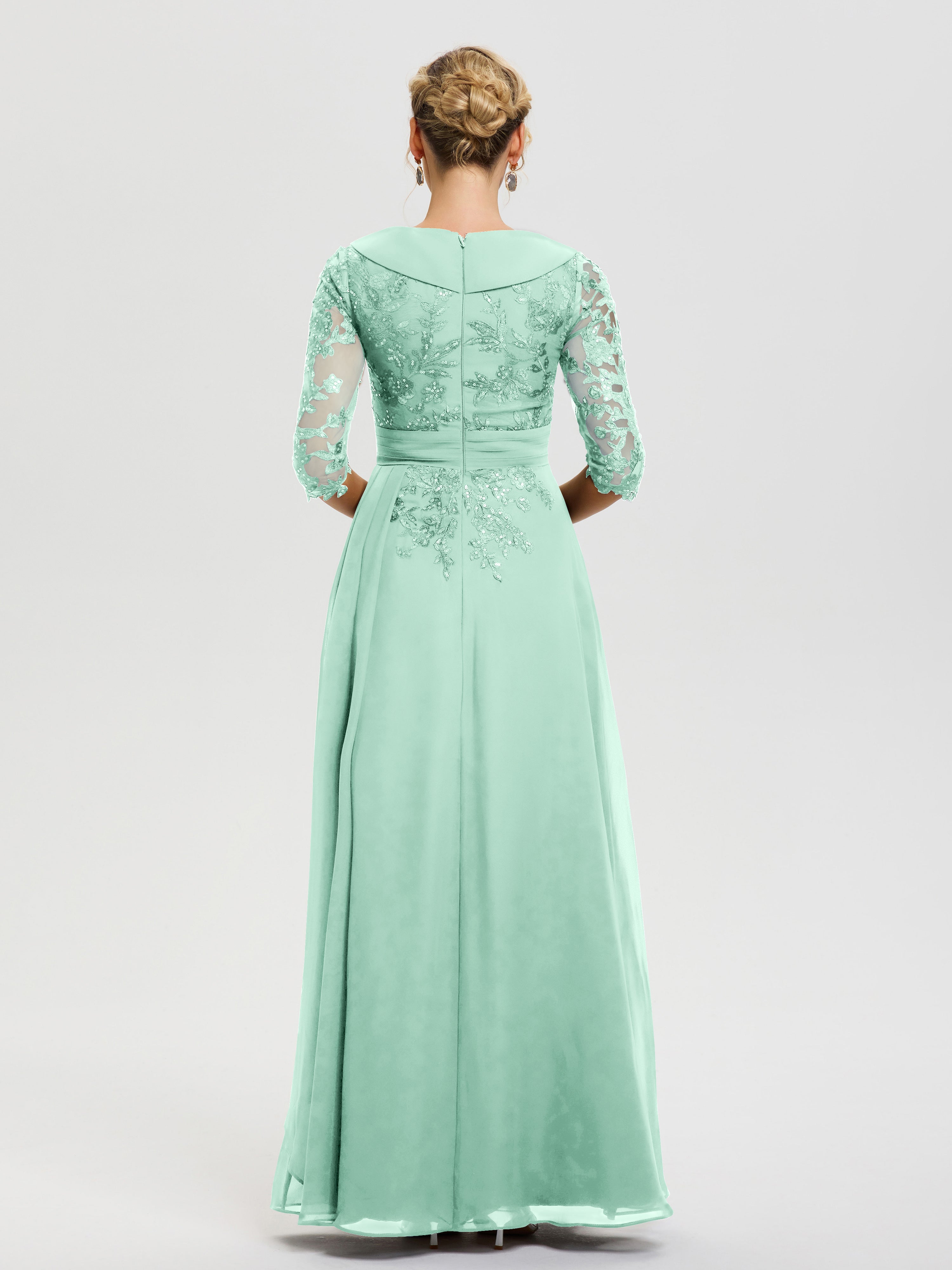 Robe Pour Mariage Mère Du Marié Vert Menthe Col V Mousseline&Dentelle Robe Cérémonie Mère De La Mariée