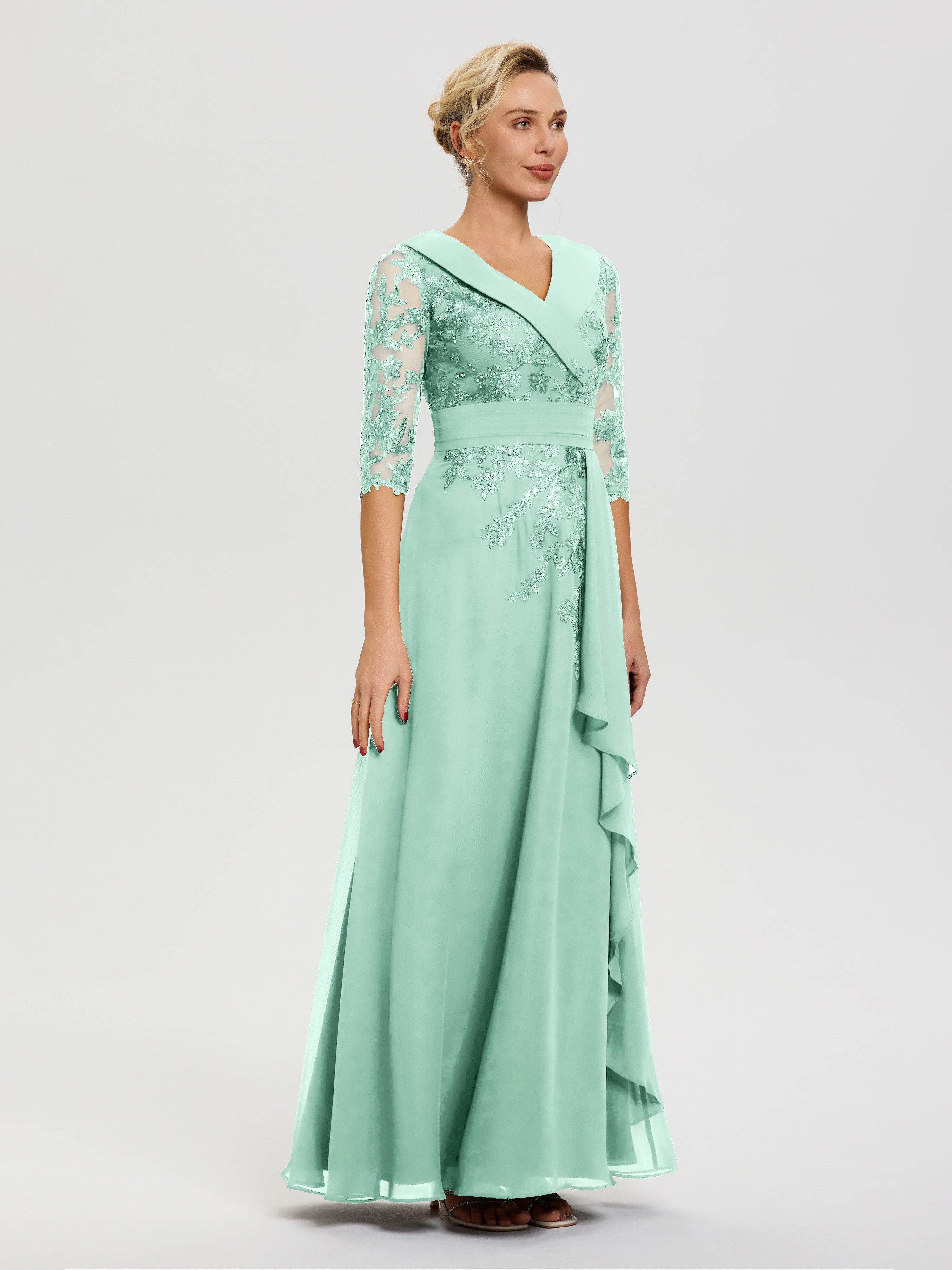Robe Pour Mariage Mère Du Marié Vert Menthe Col V Mousseline&Dentelle Robe Cérémonie Mère De La Mariée