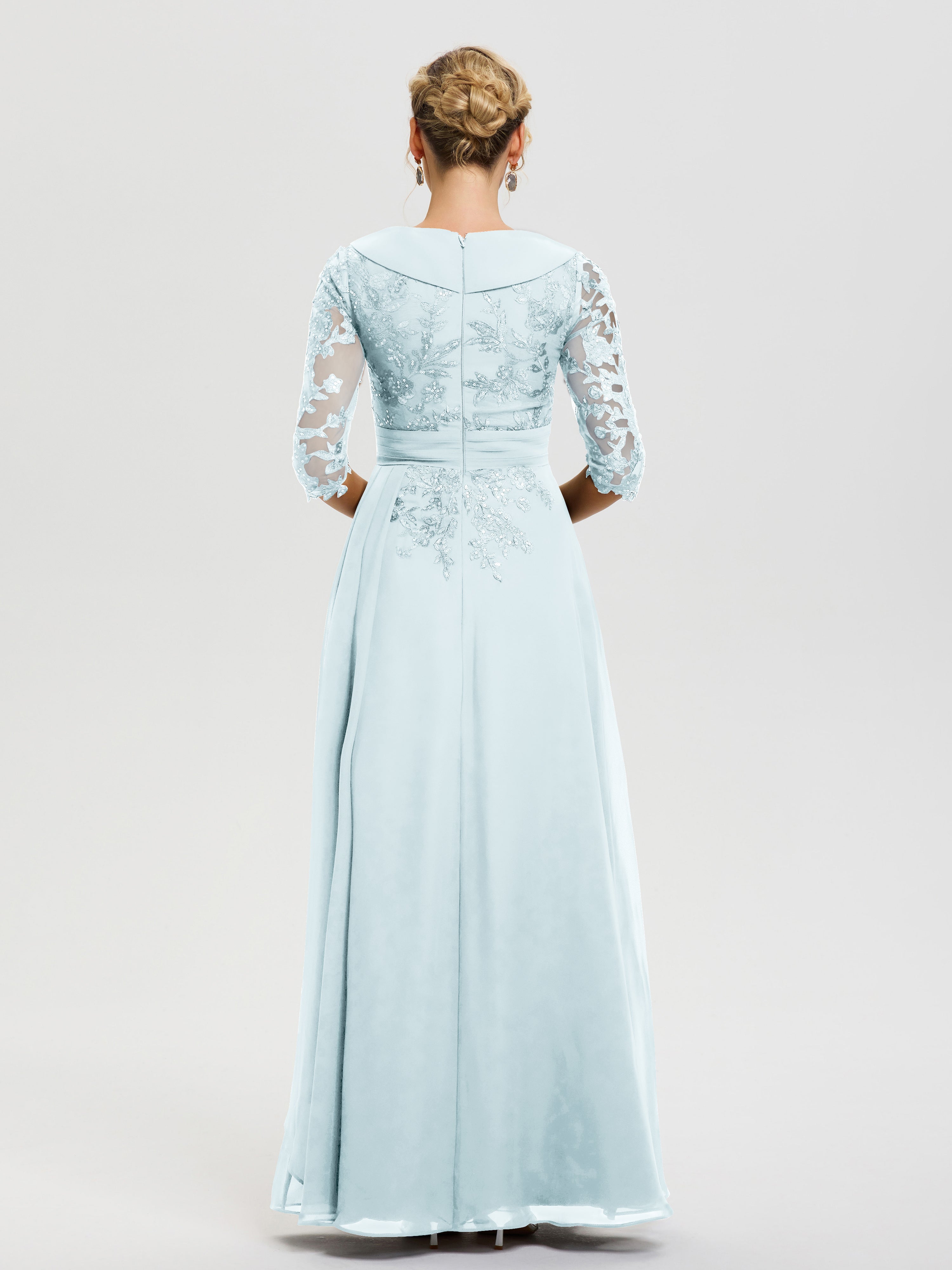 Robe Mère Marié Brume Col-V-Mousseline-Dentelle-Robe-Ceremonie-Mere-De-La-Mariee