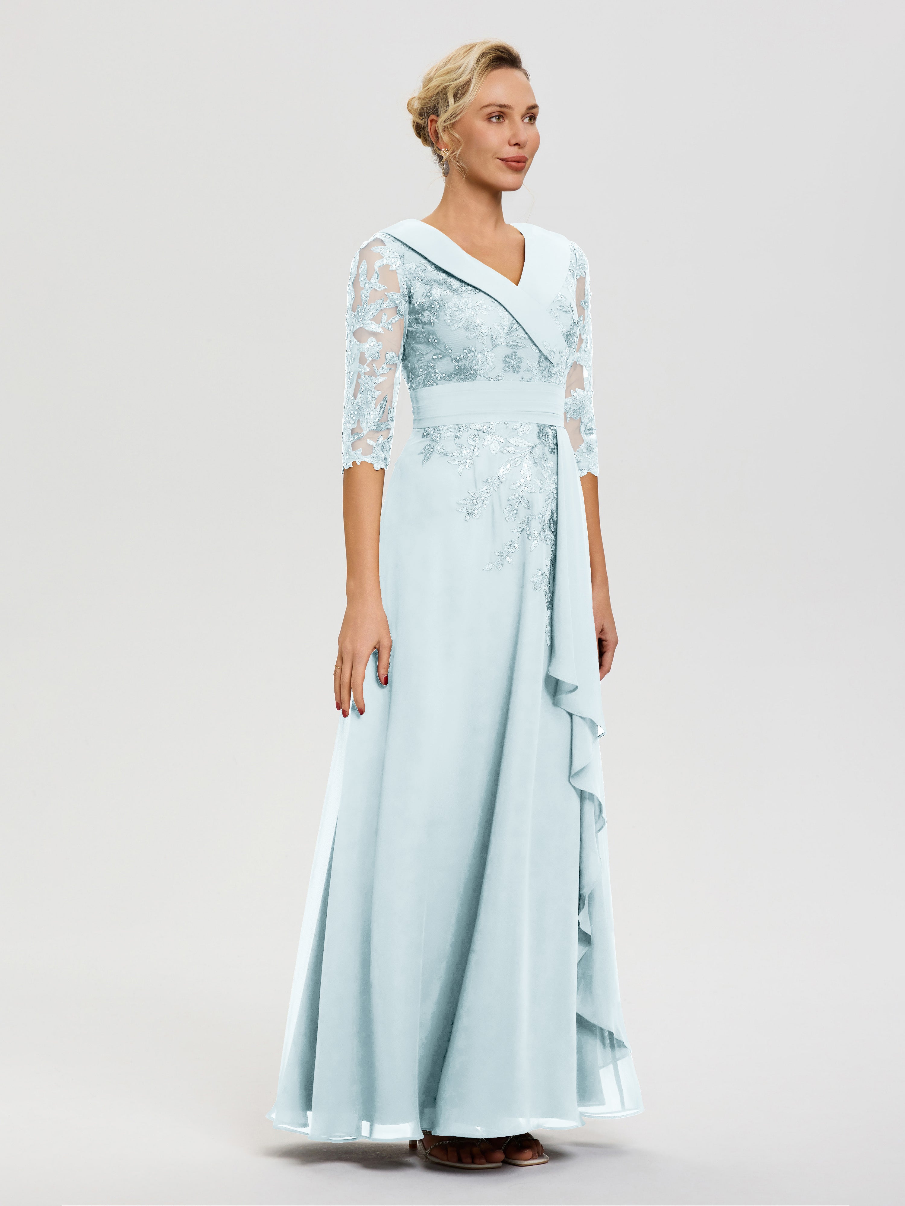 Robe Mère Marié Brume Col-V-Mousseline-Dentelle-Robe-Ceremonie-Mere-De-La-Mariee