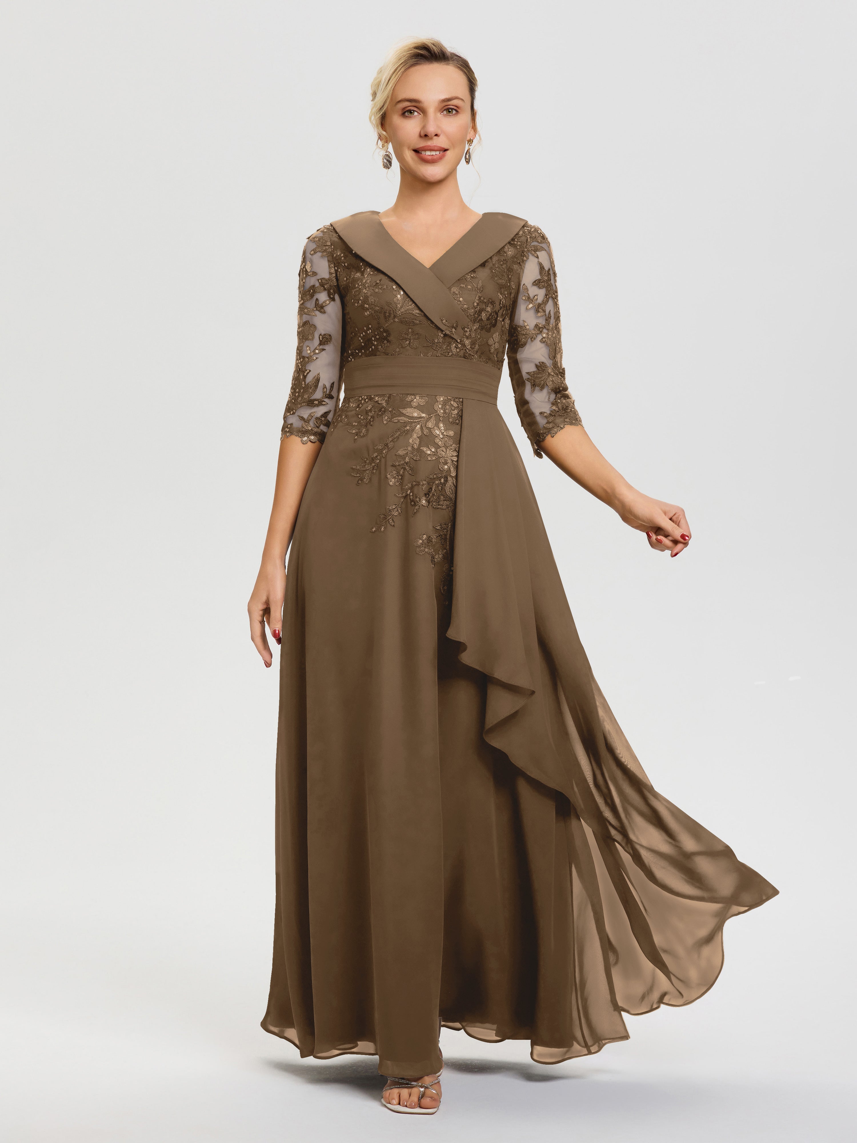 Robe Mère Marié Moka Col V Mousseline&Dentelle Robe Cérémonie Mère De La Mariée