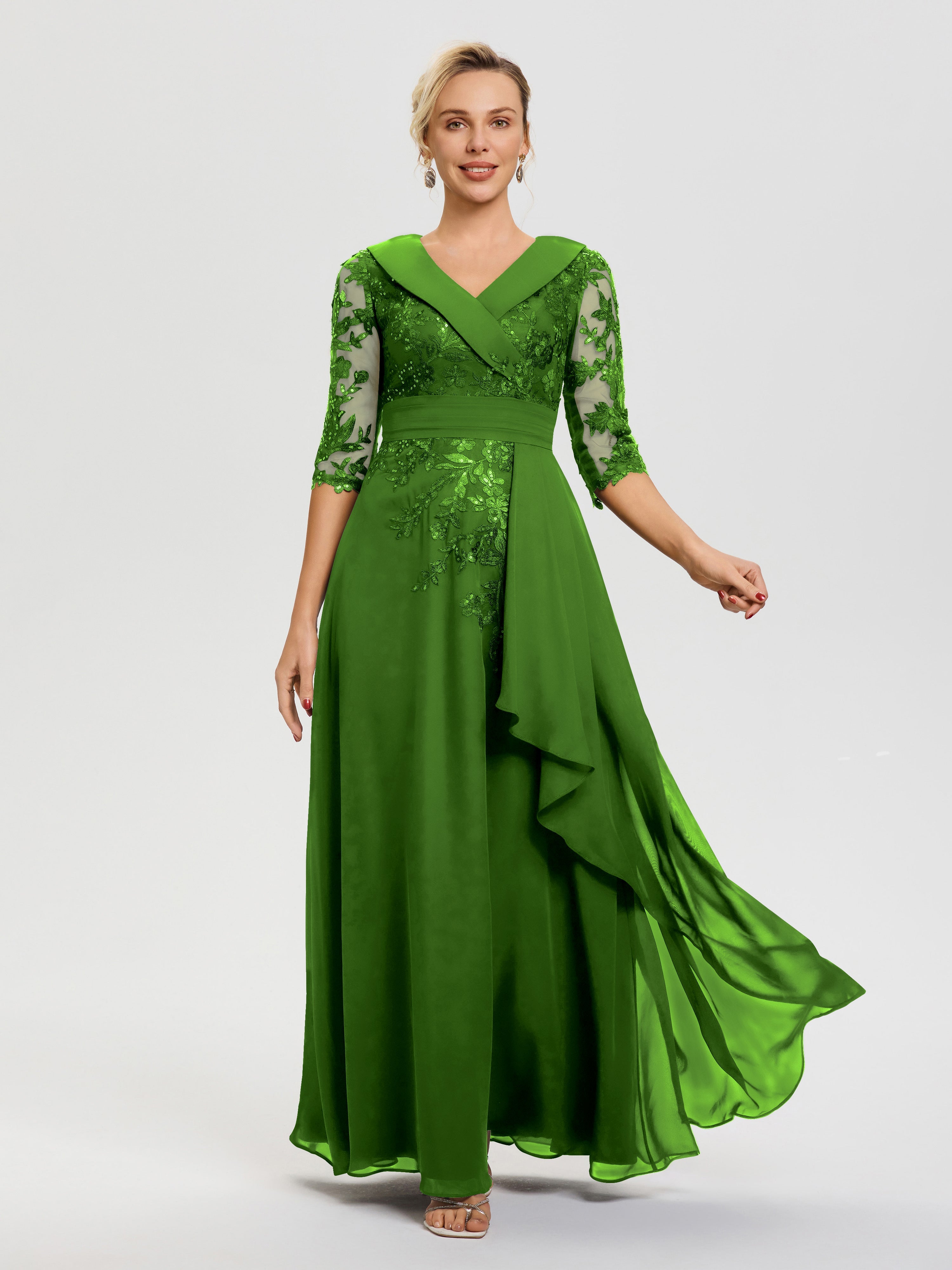 Robe Mère Marié Mousse Col V Mousseline&Dentelle Robe Cérémonie Mère De La Mariée