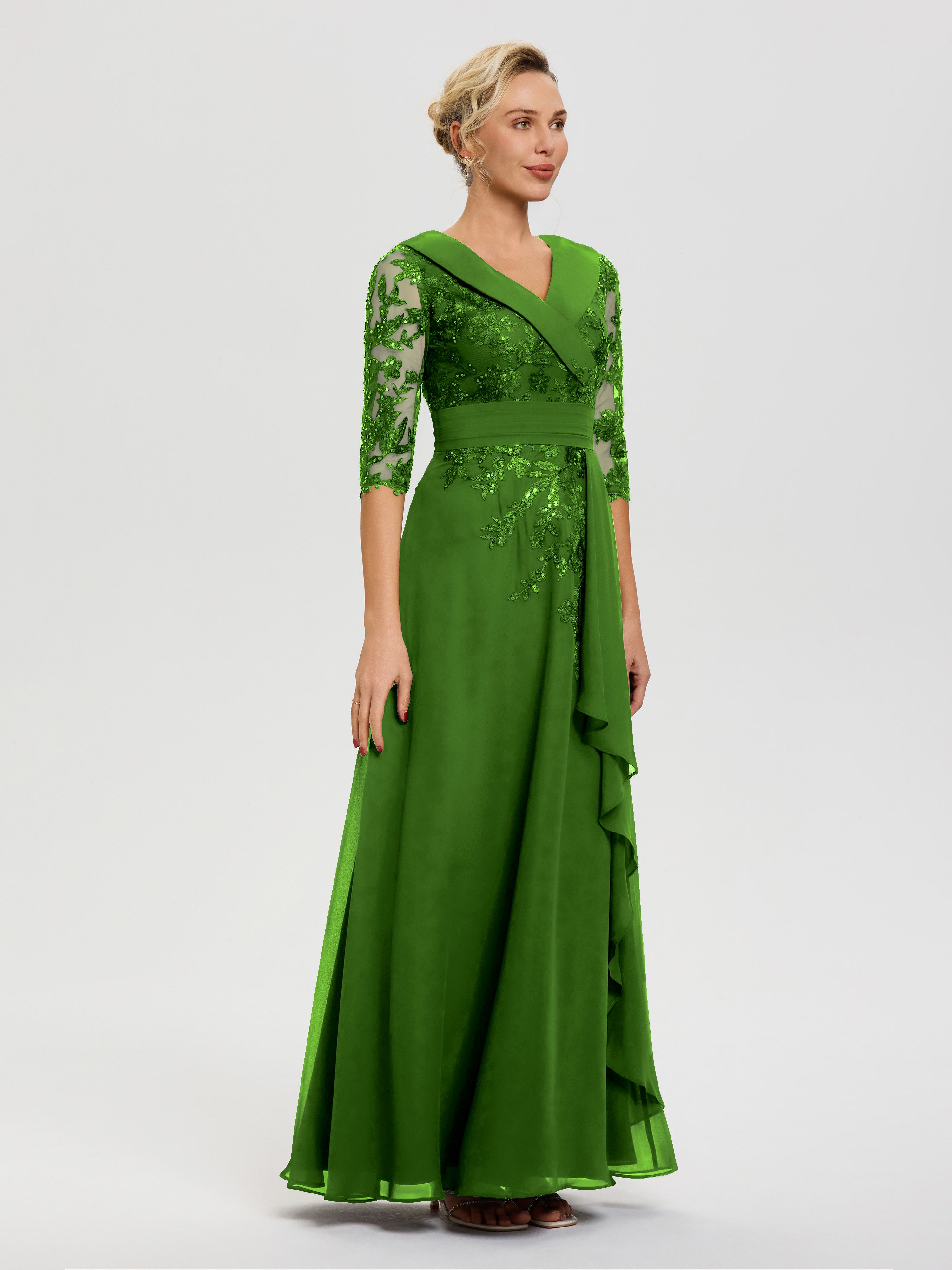 Robe Mère Marié Mousse Col V Mousseline&Dentelle Robe Cérémonie Mère De La Mariée