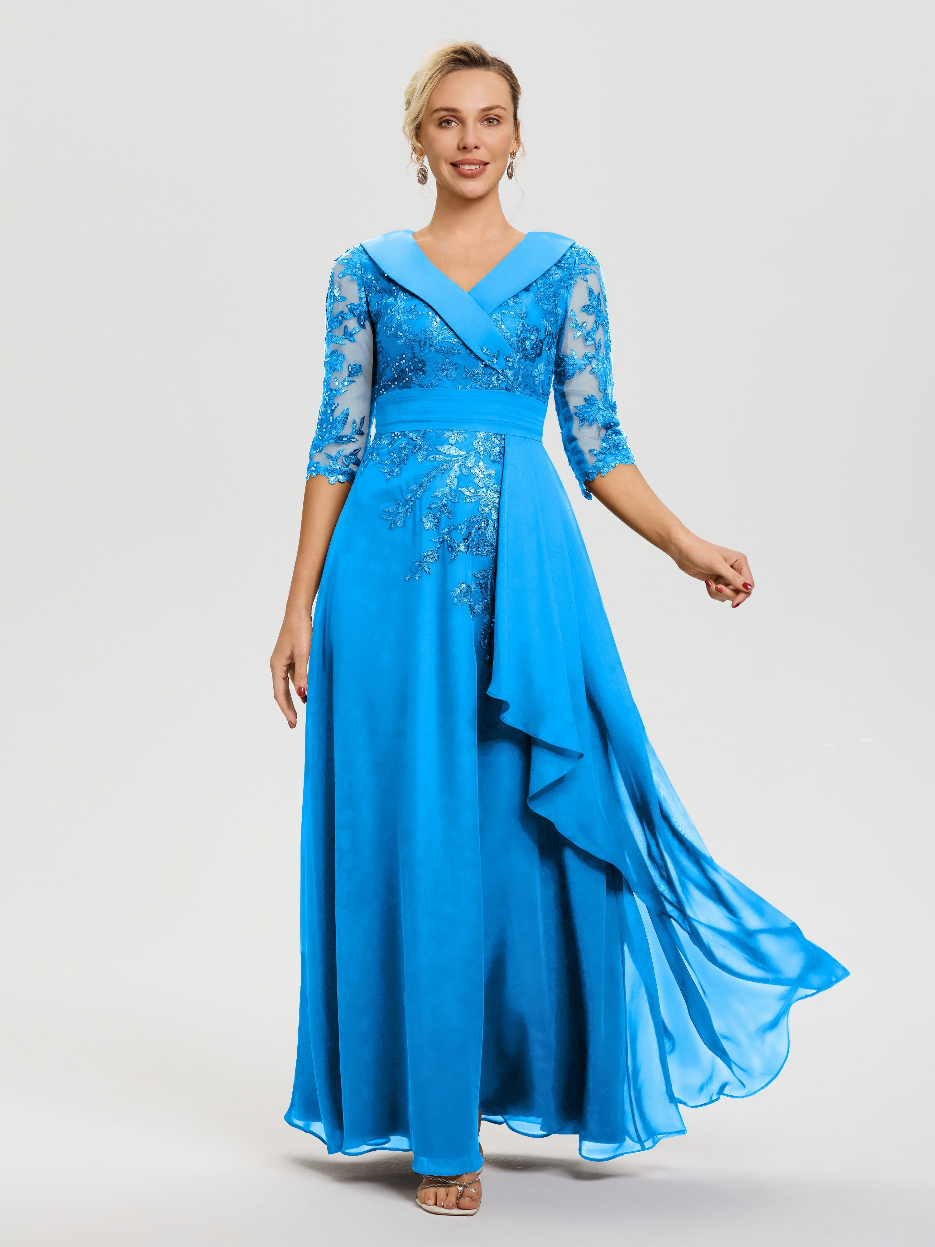 Robe Mère De La Mariée Bleu Océan Col V Mousseline&Dentelle Robe Cérémonie Mère De La Mariée
