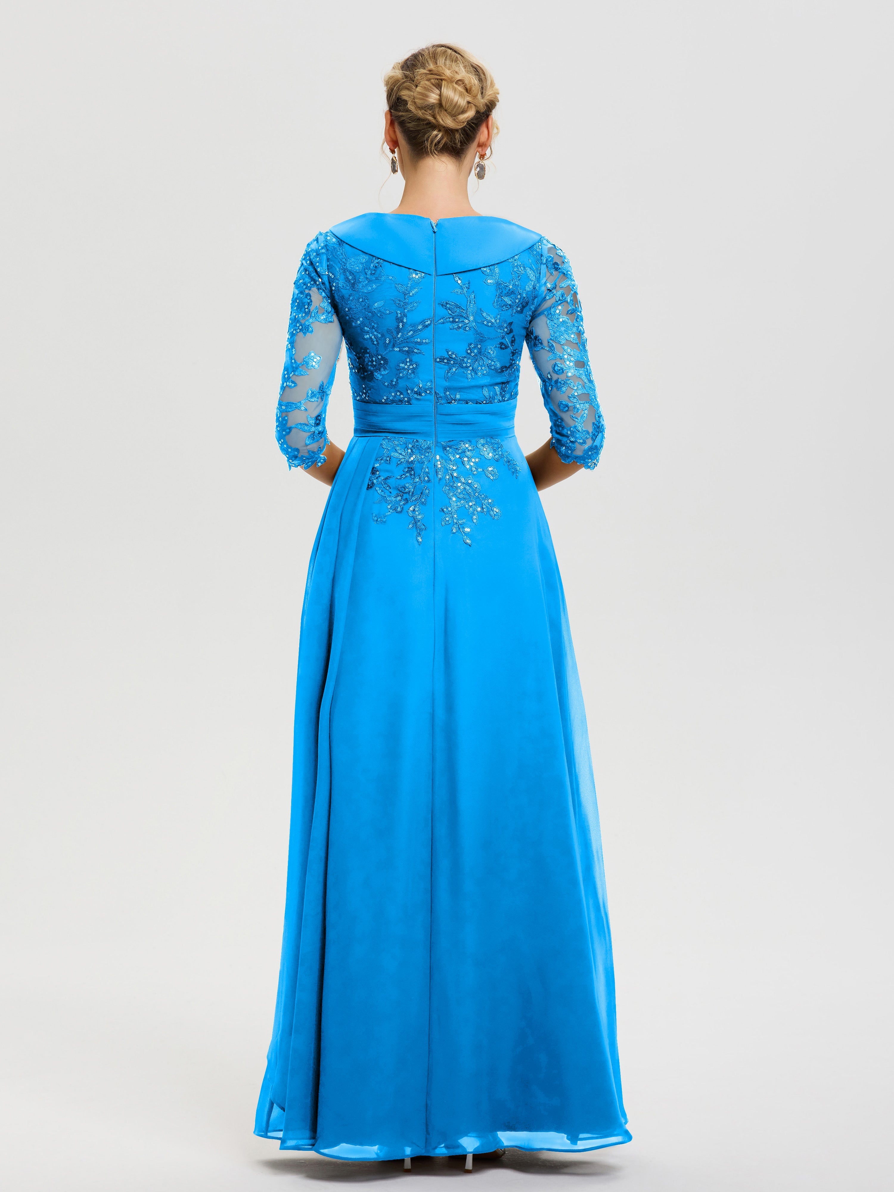Robe Mère De La Mariée Bleu Océan Col V Mousseline&Dentelle Robe Cérémonie Mère De La Mariée