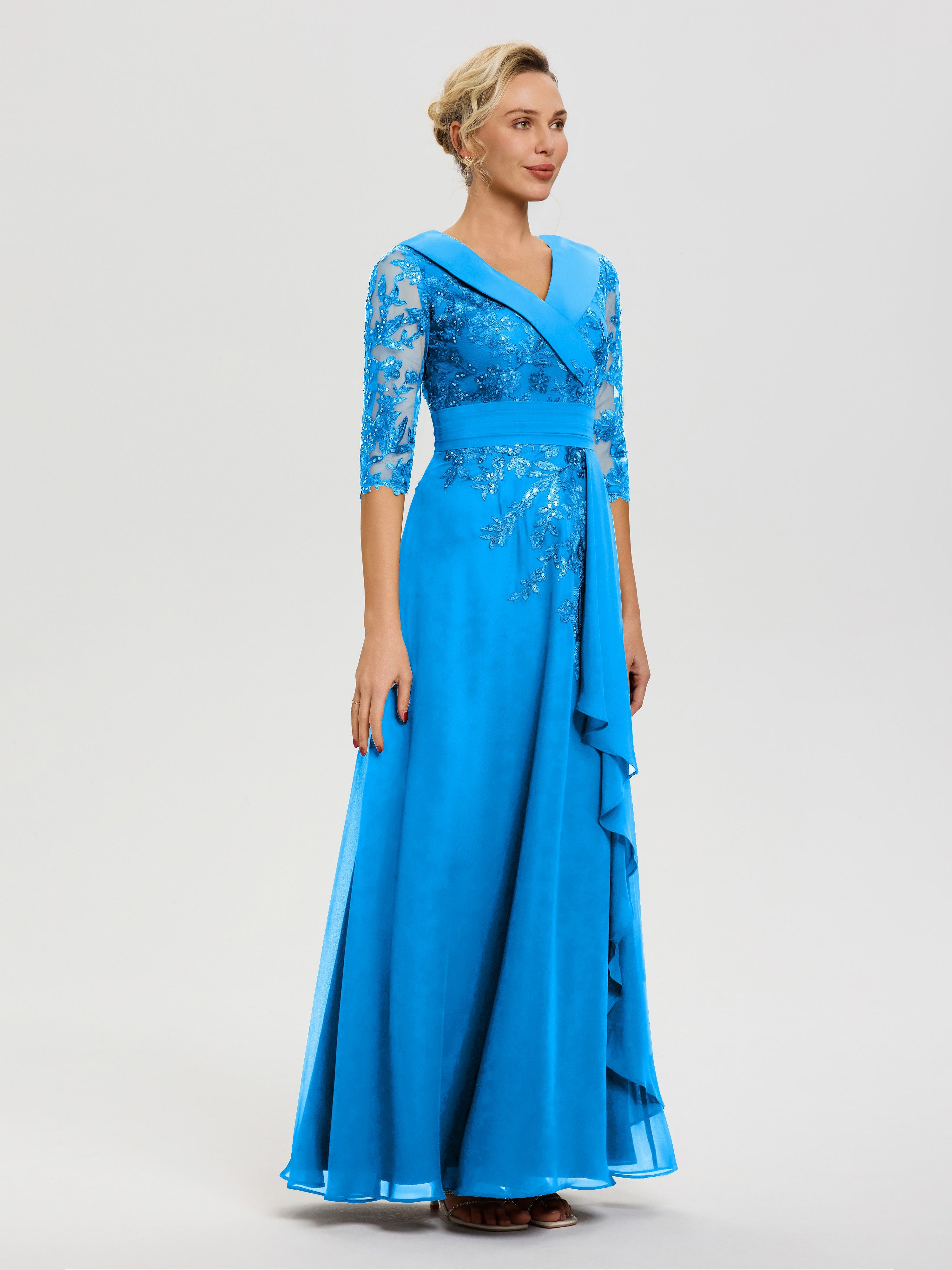 Robe Mère De La Mariée Bleu Océan Col V Mousseline&Dentelle Robe Cérémonie Mère De La Mariée