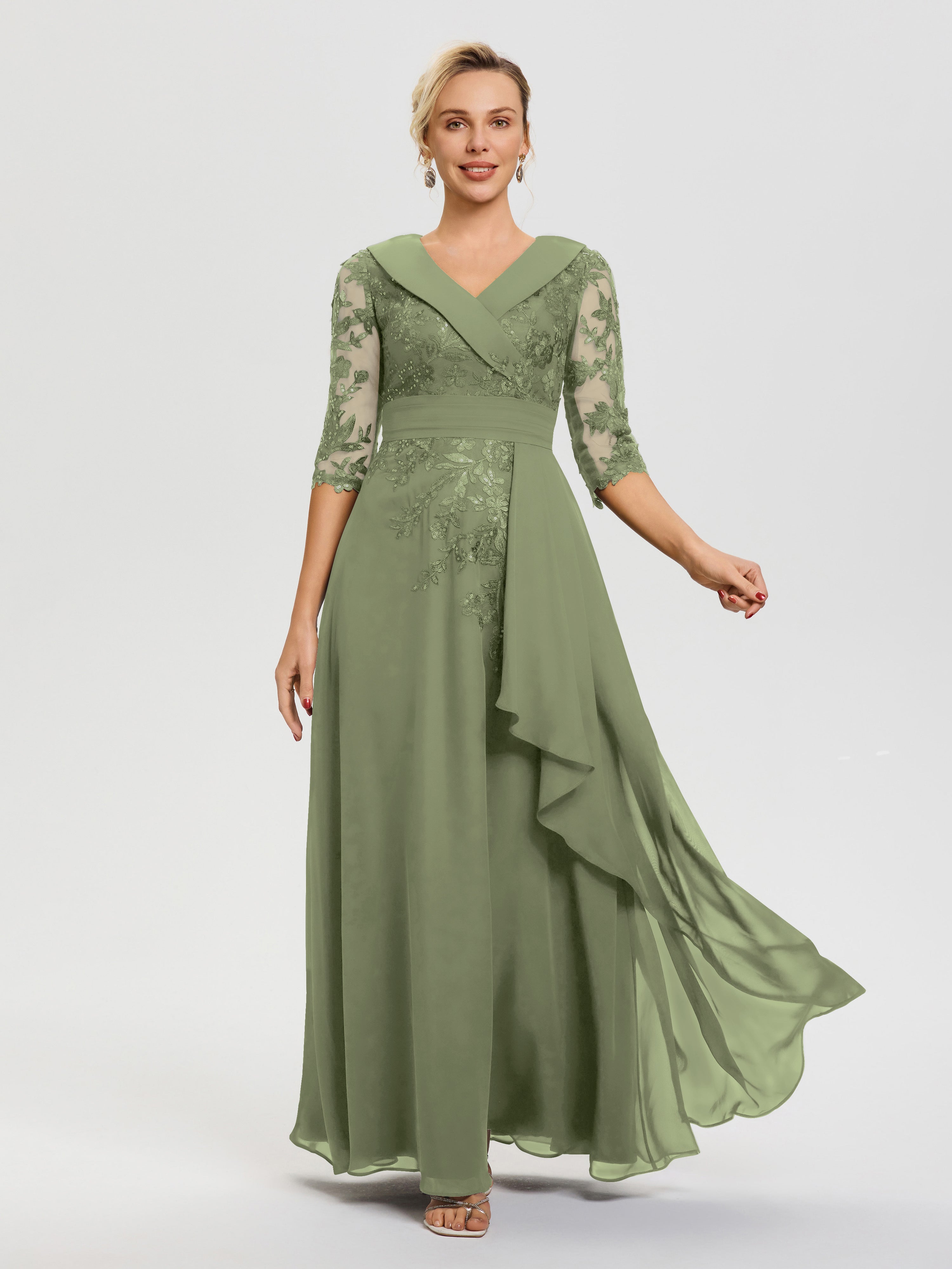 Robes Pour La Mère De La Mariée Vert Olive Col V Mousseline&Dentelle Robe Cérémonie Mère De La Mariée