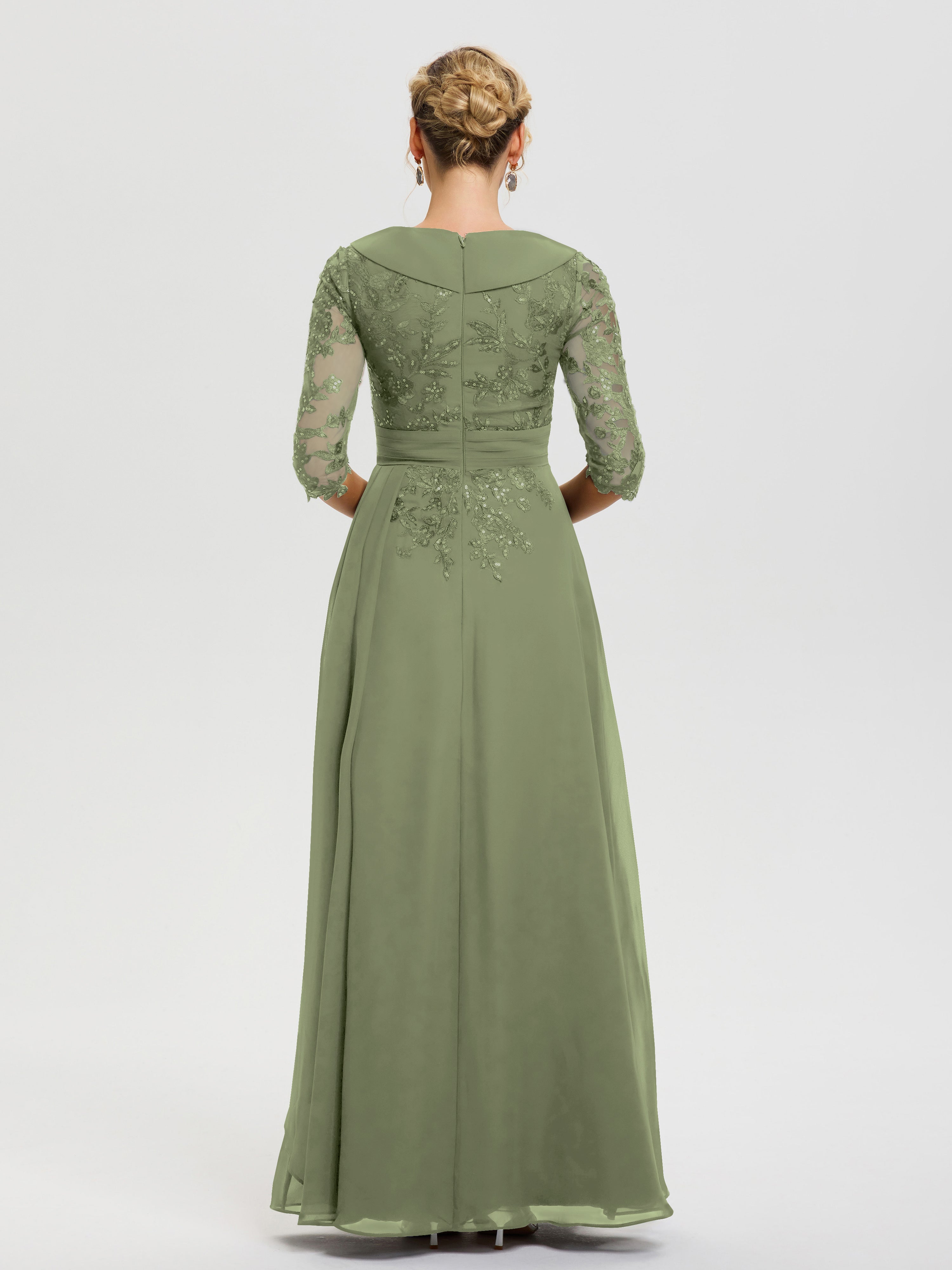 Robes Pour La Mère De La Mariée Vert Olive Col V Mousseline&Dentelle Robe Cérémonie Mère De La Mariée