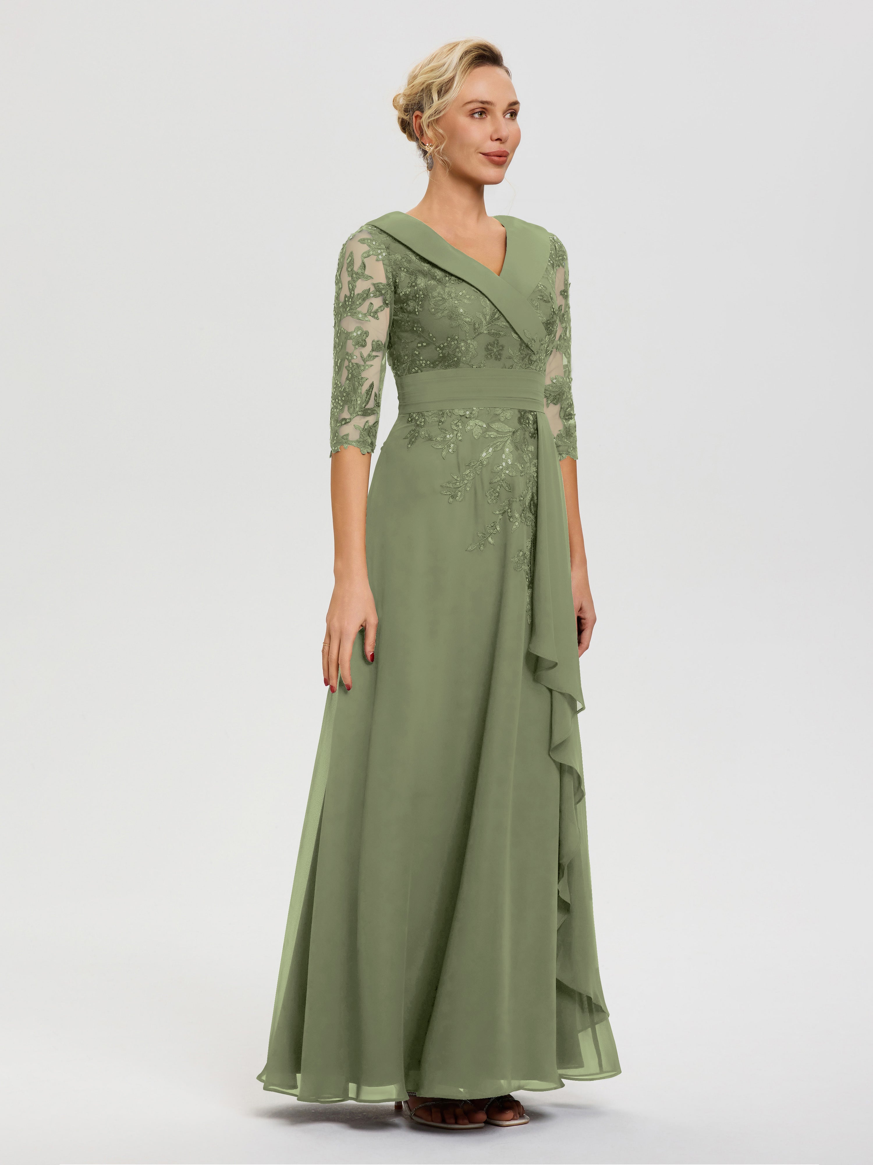 Robes Pour La Mère De La Mariée Vert Olive Col V Mousseline&Dentelle Robe Cérémonie Mère De La Mariée