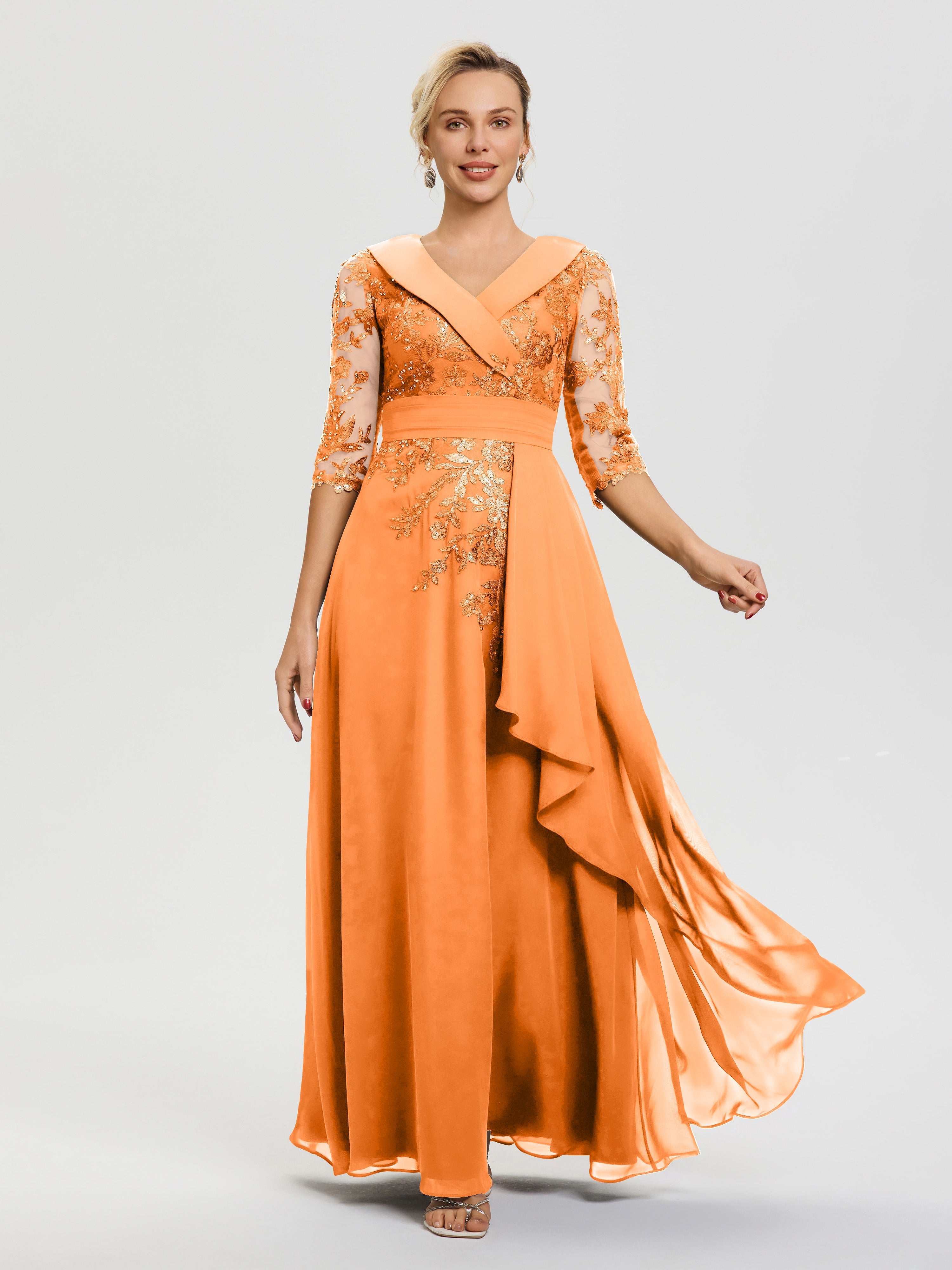 Robe Cérémonie Mère De La Mariée Orange Col V Mousseline&Dentelle Robe Cérémonie Mère De La Mariée
