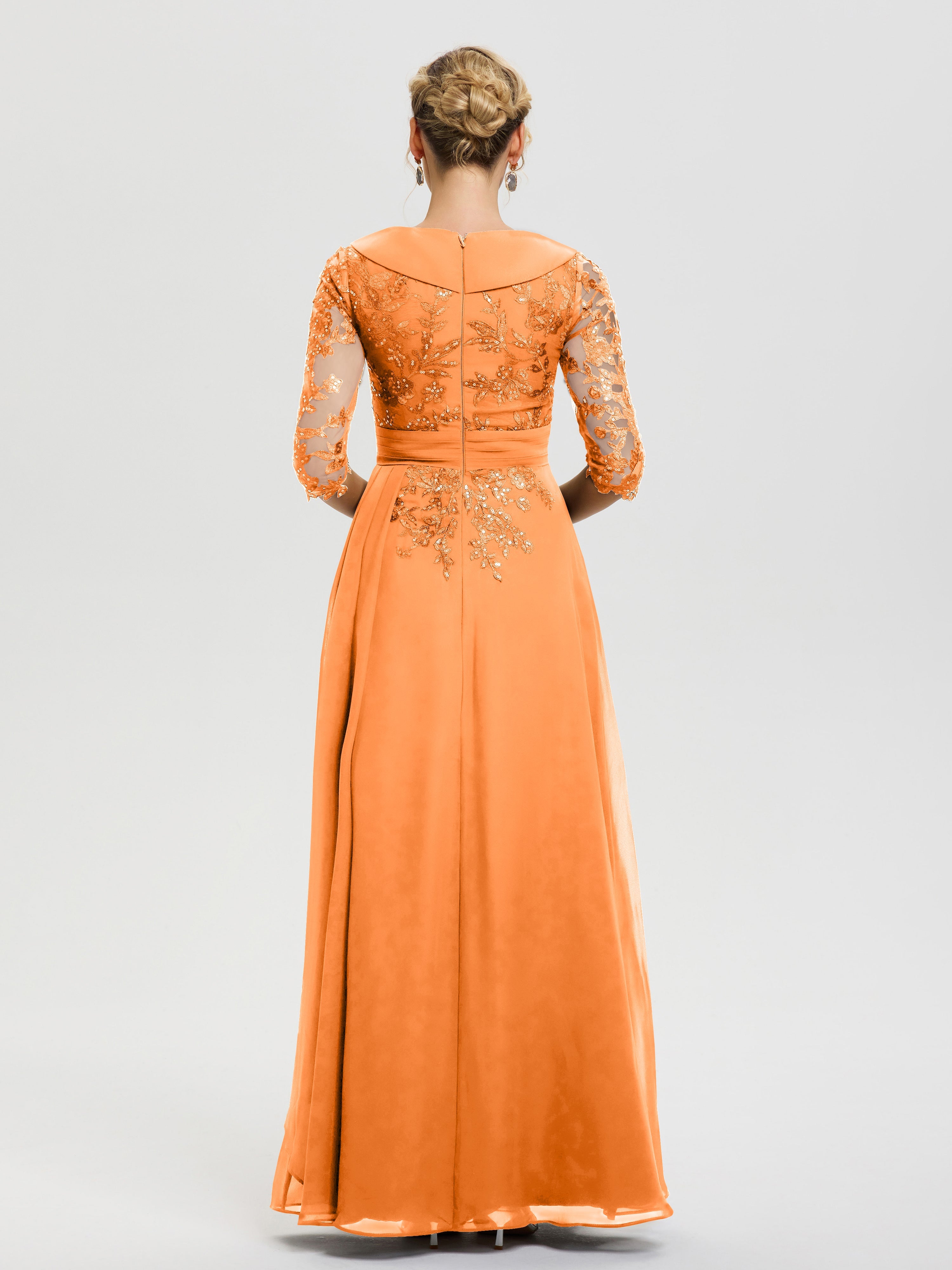 Robe Cérémonie Mère De La Mariée Orange Col V Mousseline&Dentelle Robe Cérémonie Mère De La Mariée