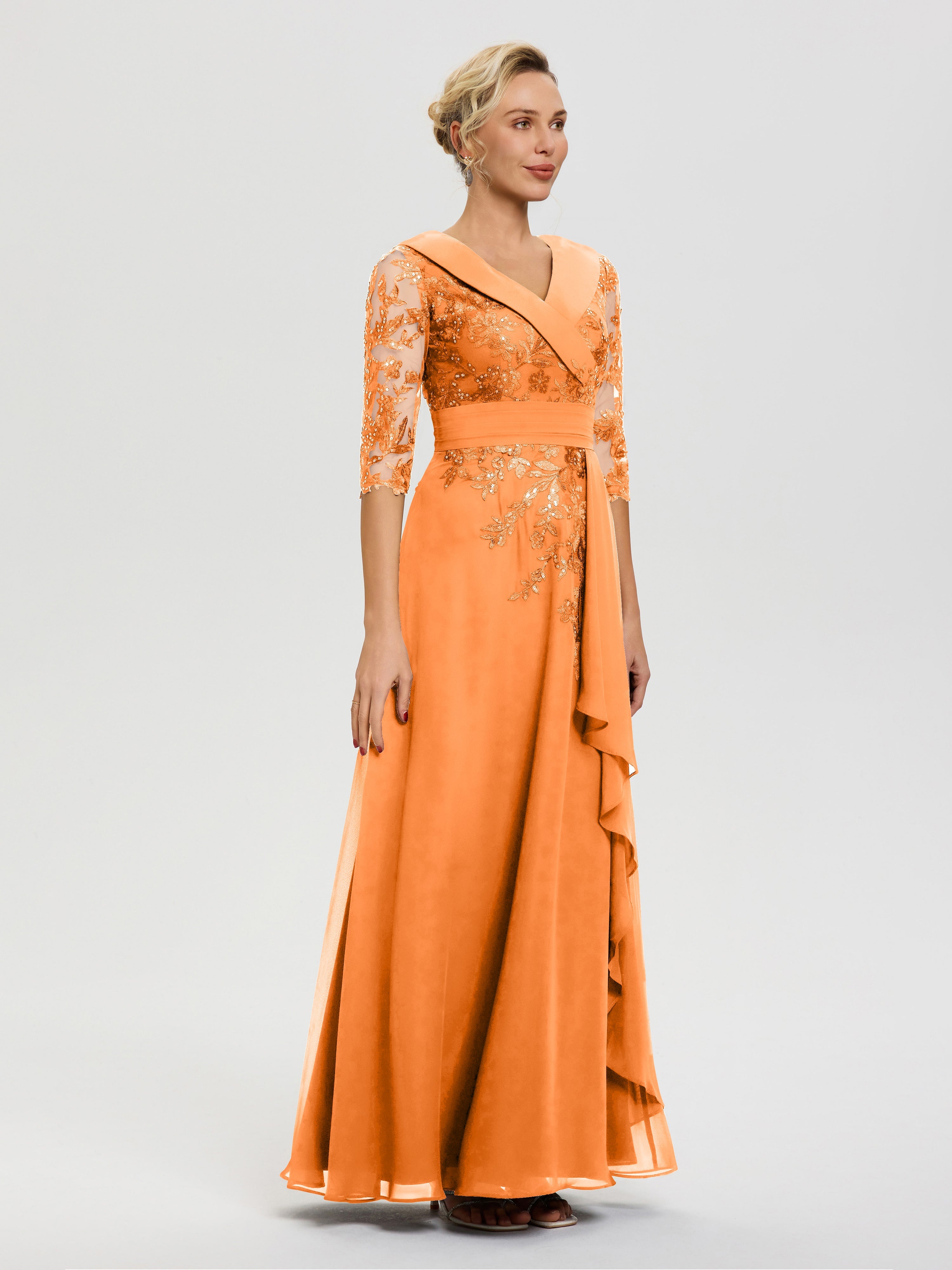 Robe Cérémonie Mère De La Mariée Orange Col V Mousseline&Dentelle Robe Cérémonie Mère De La Mariée