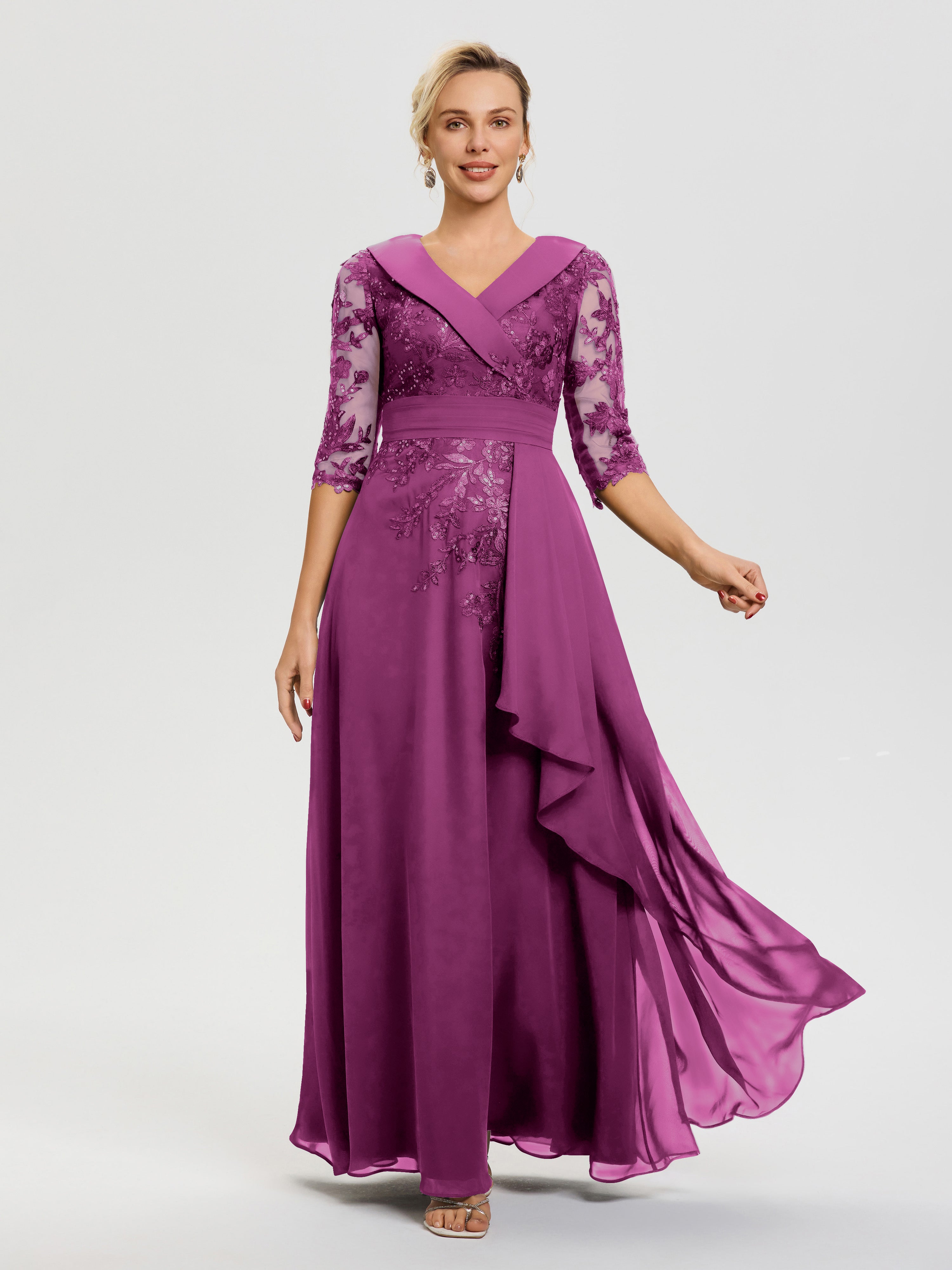 Robe Cérémonie Mère De La Mariée Orchidée Col V Mousseline&Dentelle Robe Cérémonie Mère De La Mariée