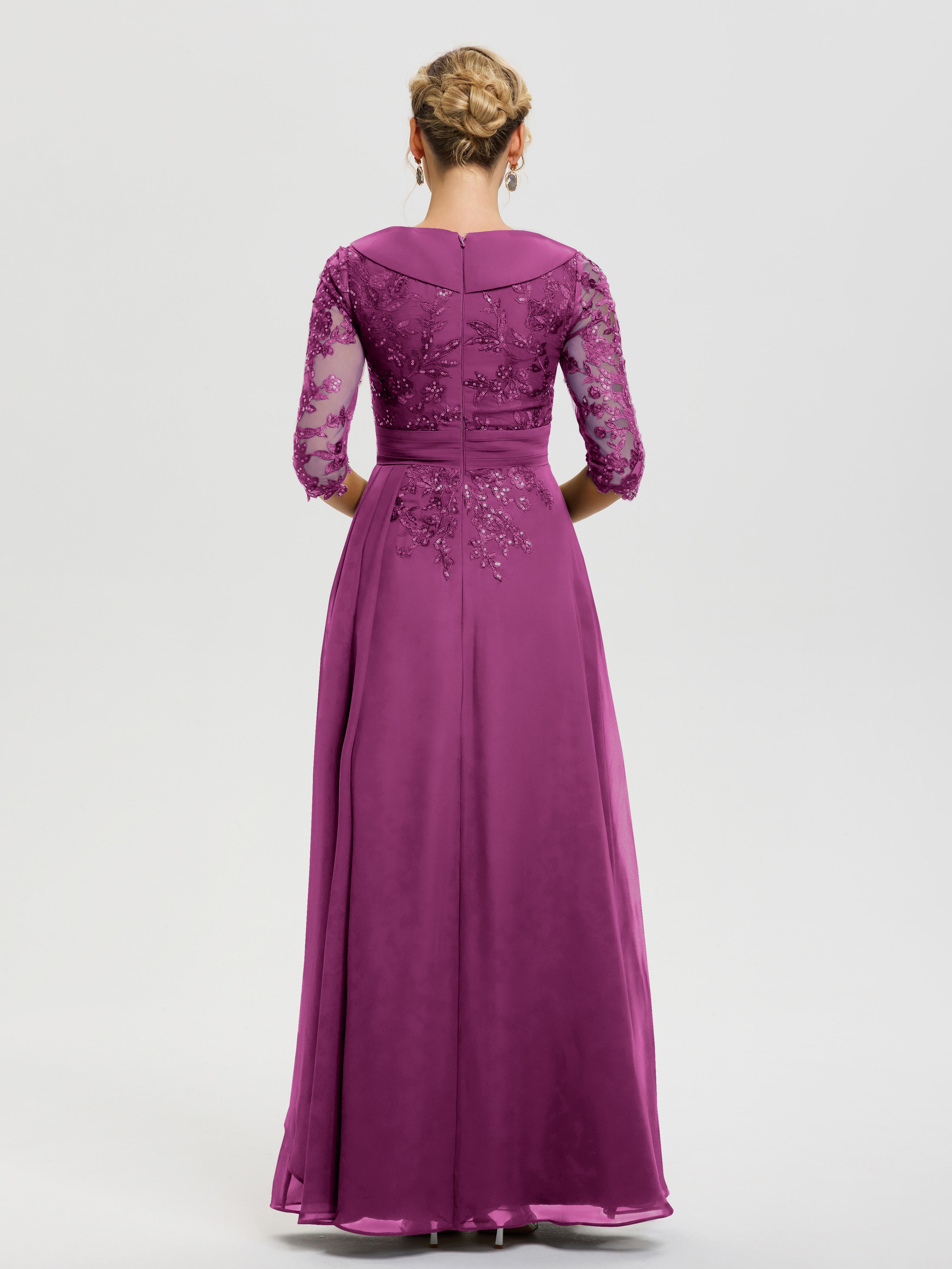 Robe Cérémonie Mère De La Mariée Orchidée Col V Mousseline&Dentelle Robe Cérémonie Mère De La Mariée
