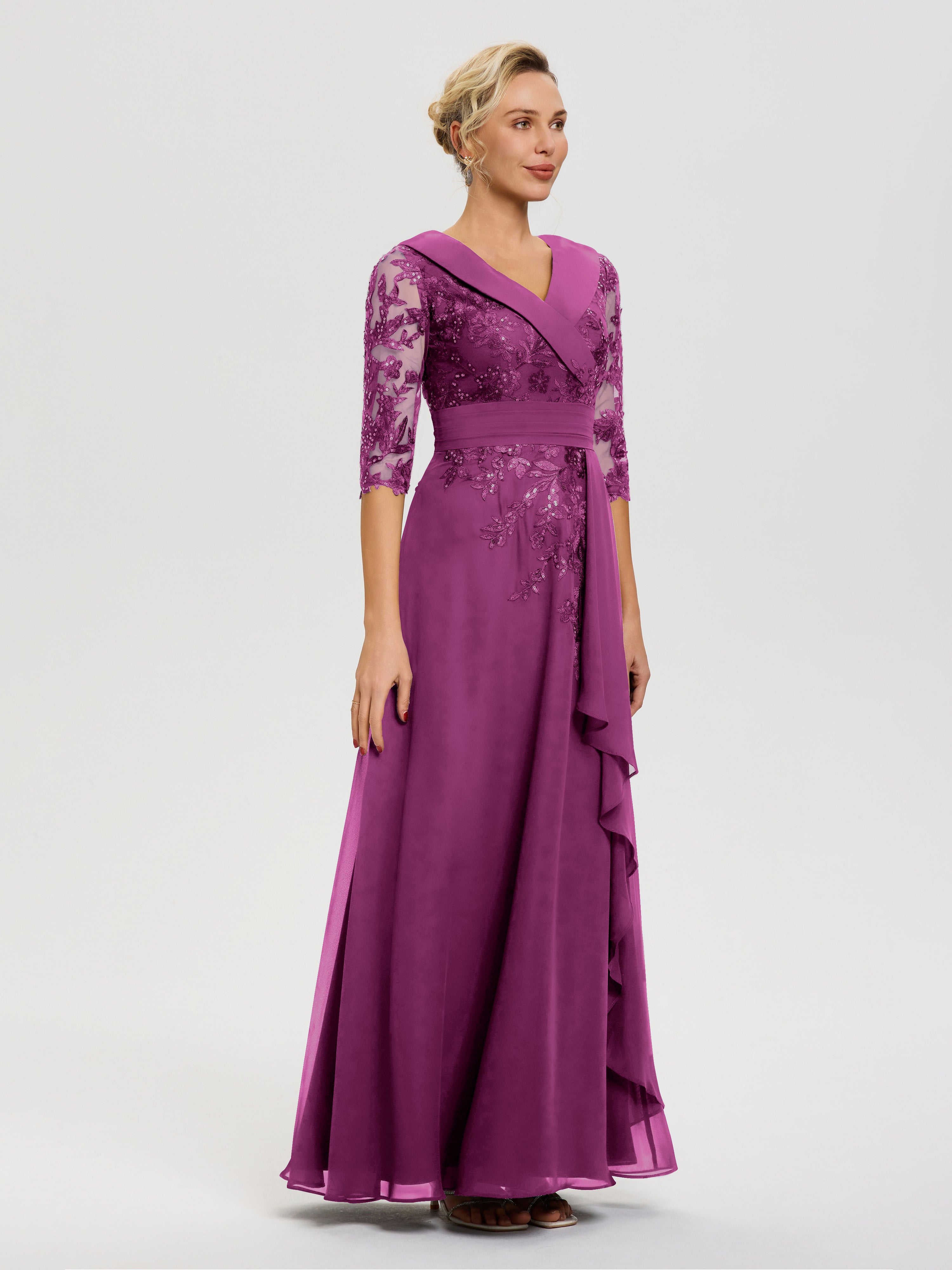 Robe Cérémonie Mère De La Mariée Orchidée Col V Mousseline&Dentelle Robe Cérémonie Mère De La Mariée