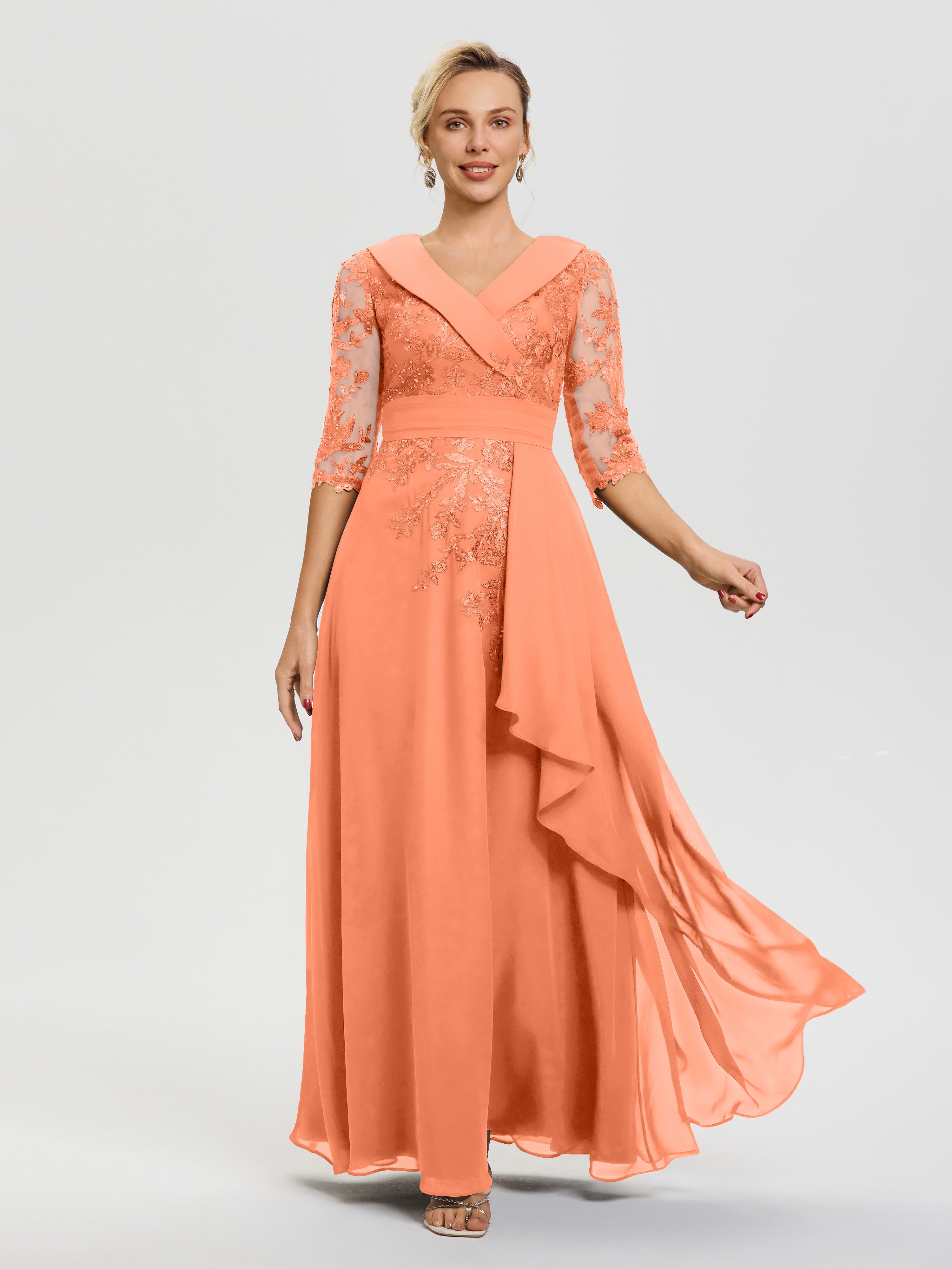 Robe Cérémonie Mère De La Mariée Papaye Col V Mousseline&Dentelle Robe Cérémonie Mère De La Mariée