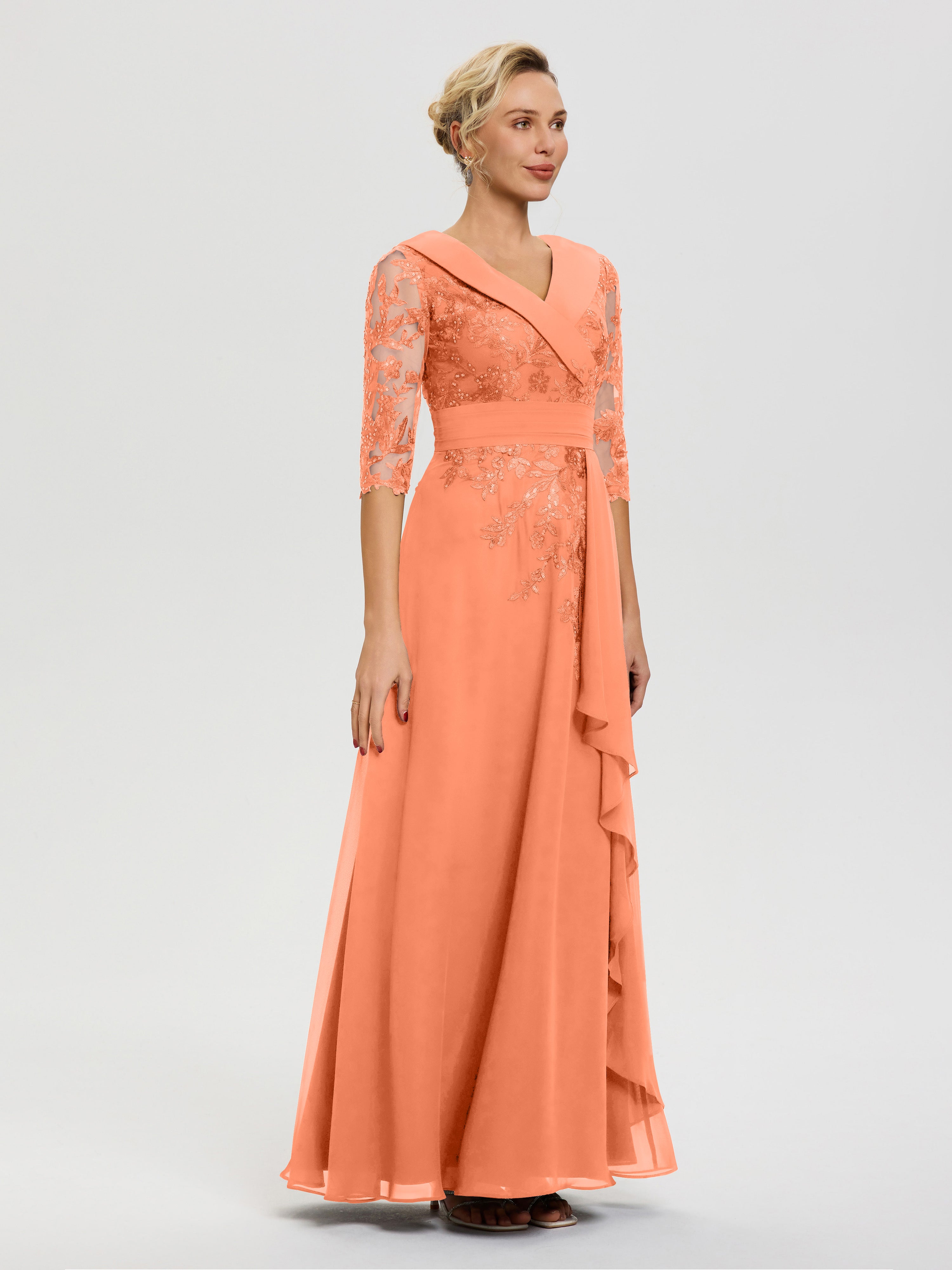 Robe Cérémonie Mère De La Mariée Papaye Col V Mousseline&Dentelle Robe Cérémonie Mère De La Mariée