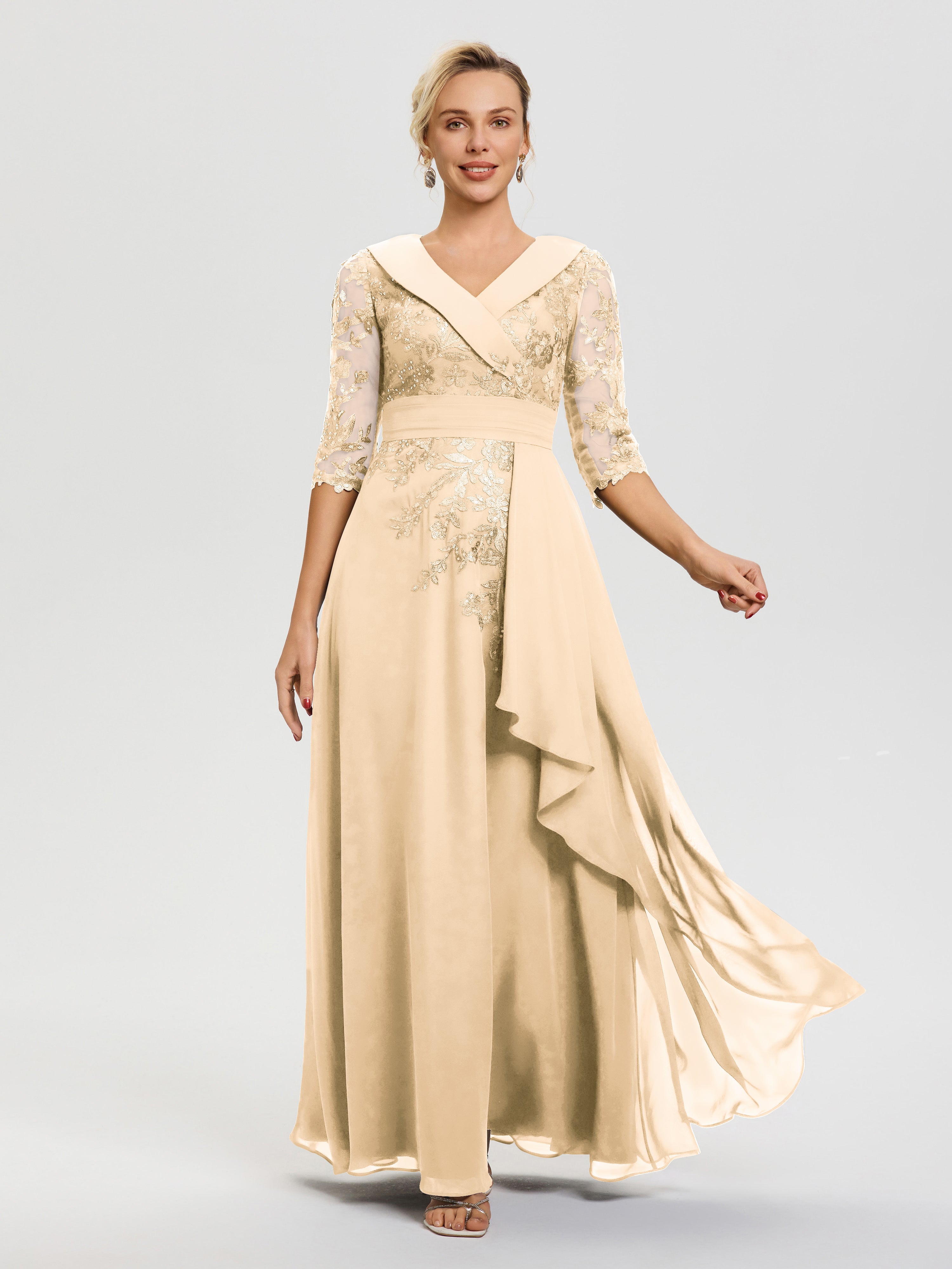 Robe Mère Mariee Peche Col V Mousseline&Dentelle Robe Cérémonie Mère De La Mariée