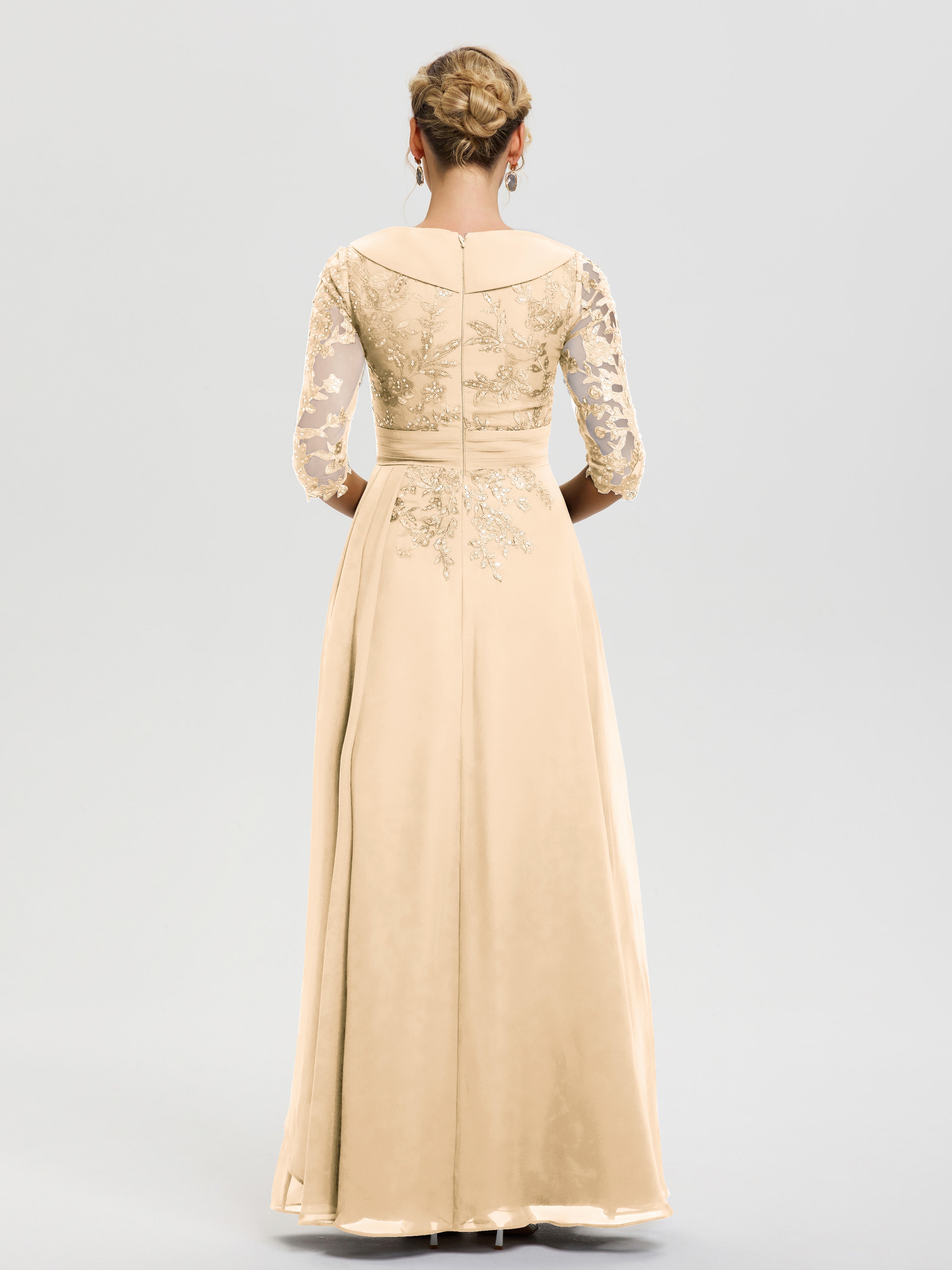 Robe Mère Mariee Peche Col V Mousseline&Dentelle Robe Cérémonie Mère De La Mariée